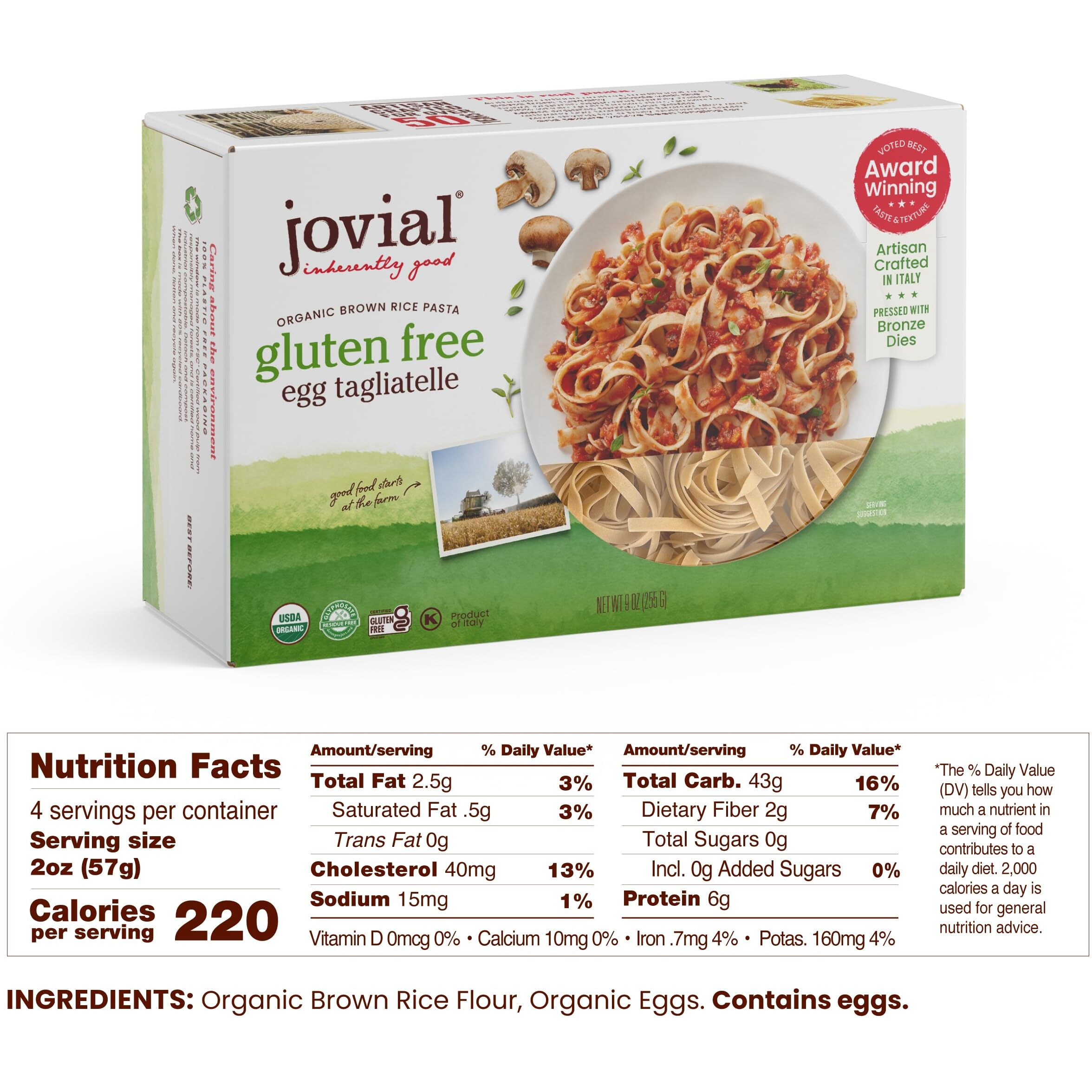 Jovial Whole Grain Brown Rice Egg Tagliatelle Pasta - Pasta Tagliatelle, Tagliatelle Pasta, Whole Grain Pasta, Organic Pasta, Gluten Free, Dairy Free, Brown Rice Pasta, Made In Italy - 9 Oz, 3 Pack
