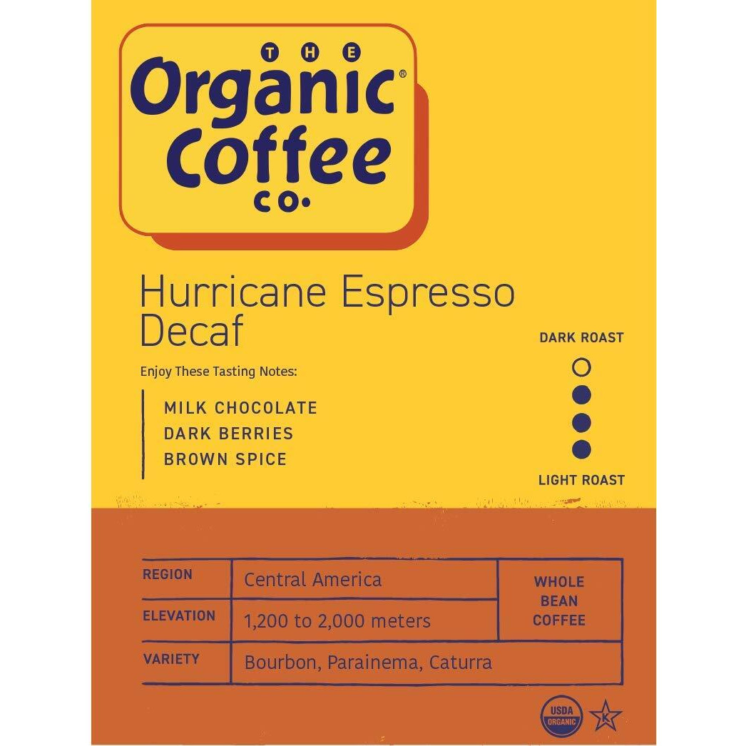 The Organic Coffee Co. Whole Bean Coffee - Decaf Hurricane Espresso Roast (2Lb Bag), Medium Dark Roast, Swiss Water Processed, Usda Organic