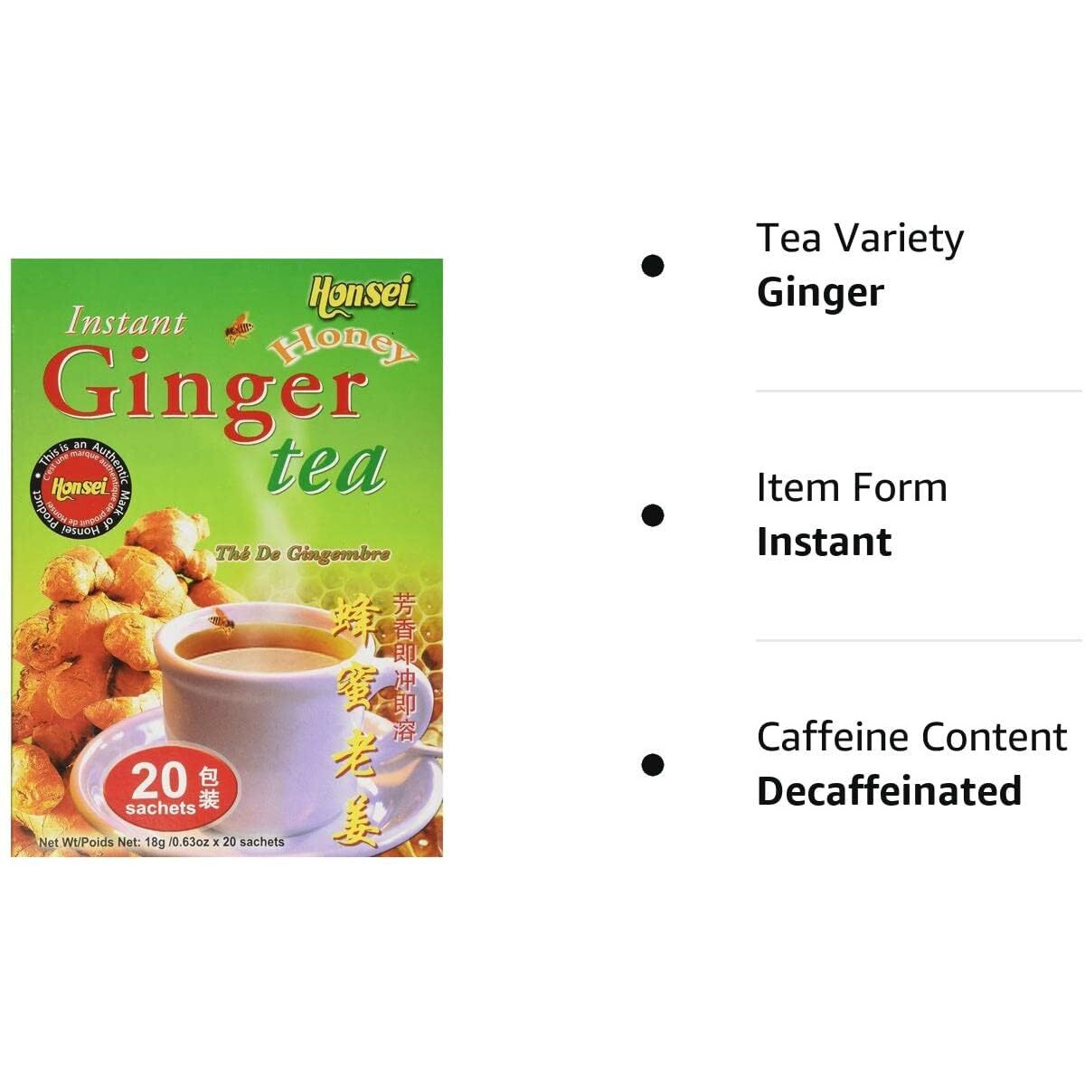 Honsei Instant Ginger Honey Tea, 18 G/0.63 Oz., 20 Sachets
