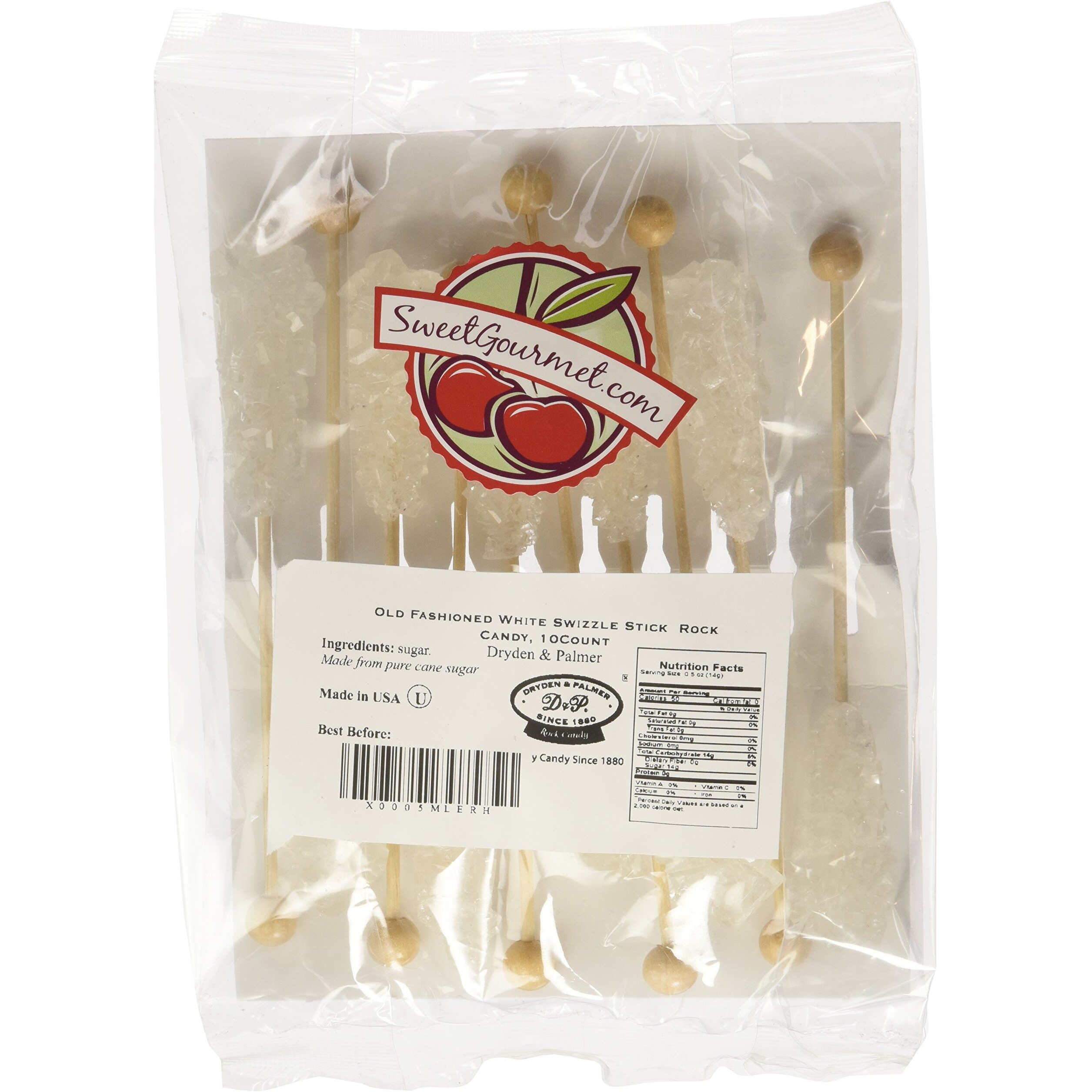 Sweetgourmet White Pure Cane Sugar Swizzle Sticks | Rock Candy Wrapped | Pack Of 10