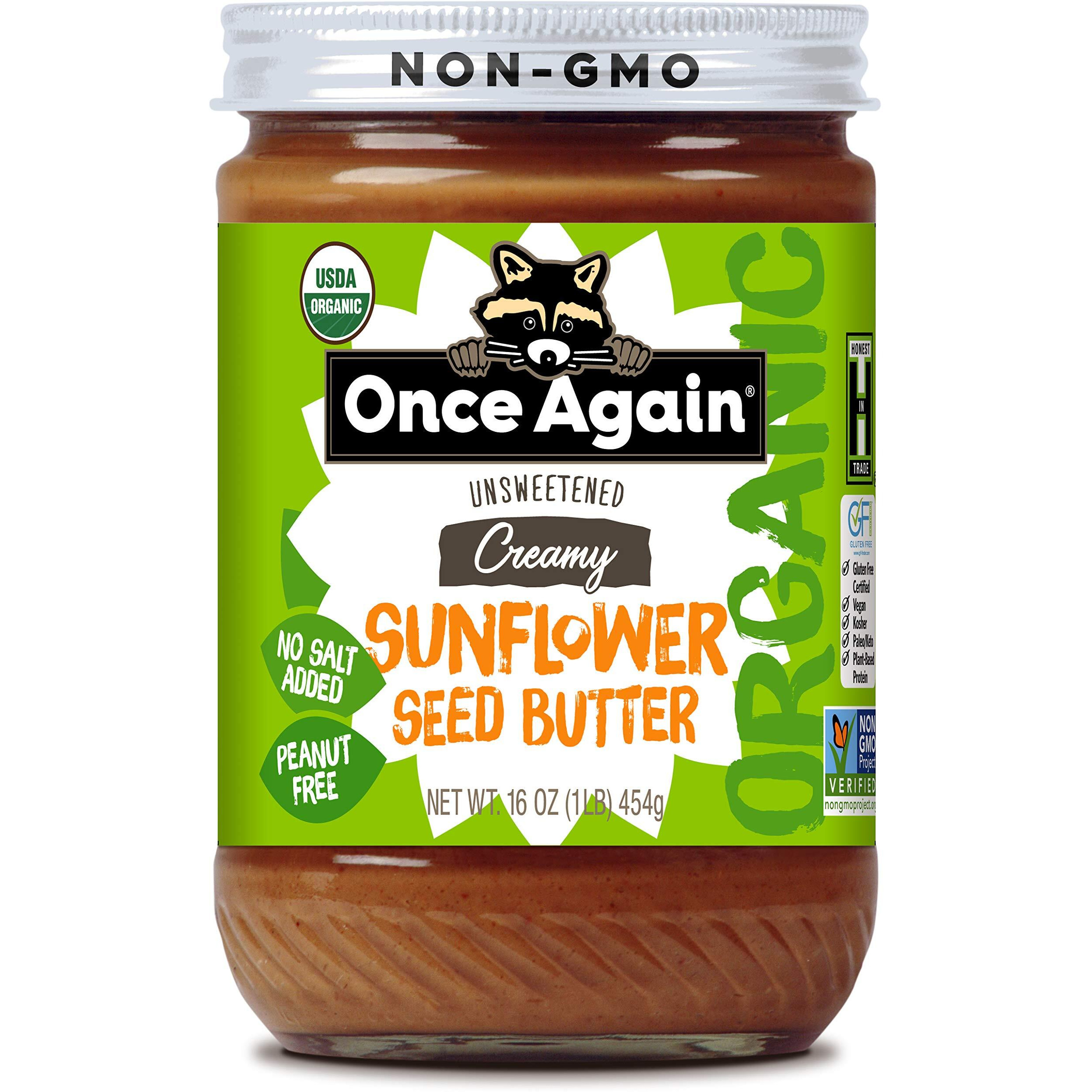 Once Again Organic Creamy Sunflower Butter, 16Oz - Salt Free, Unsweetened - Peanut Free, Usda Organic, Gluten Free Certified, Vegan, Kosher - Glass Jar (1 Jar)
