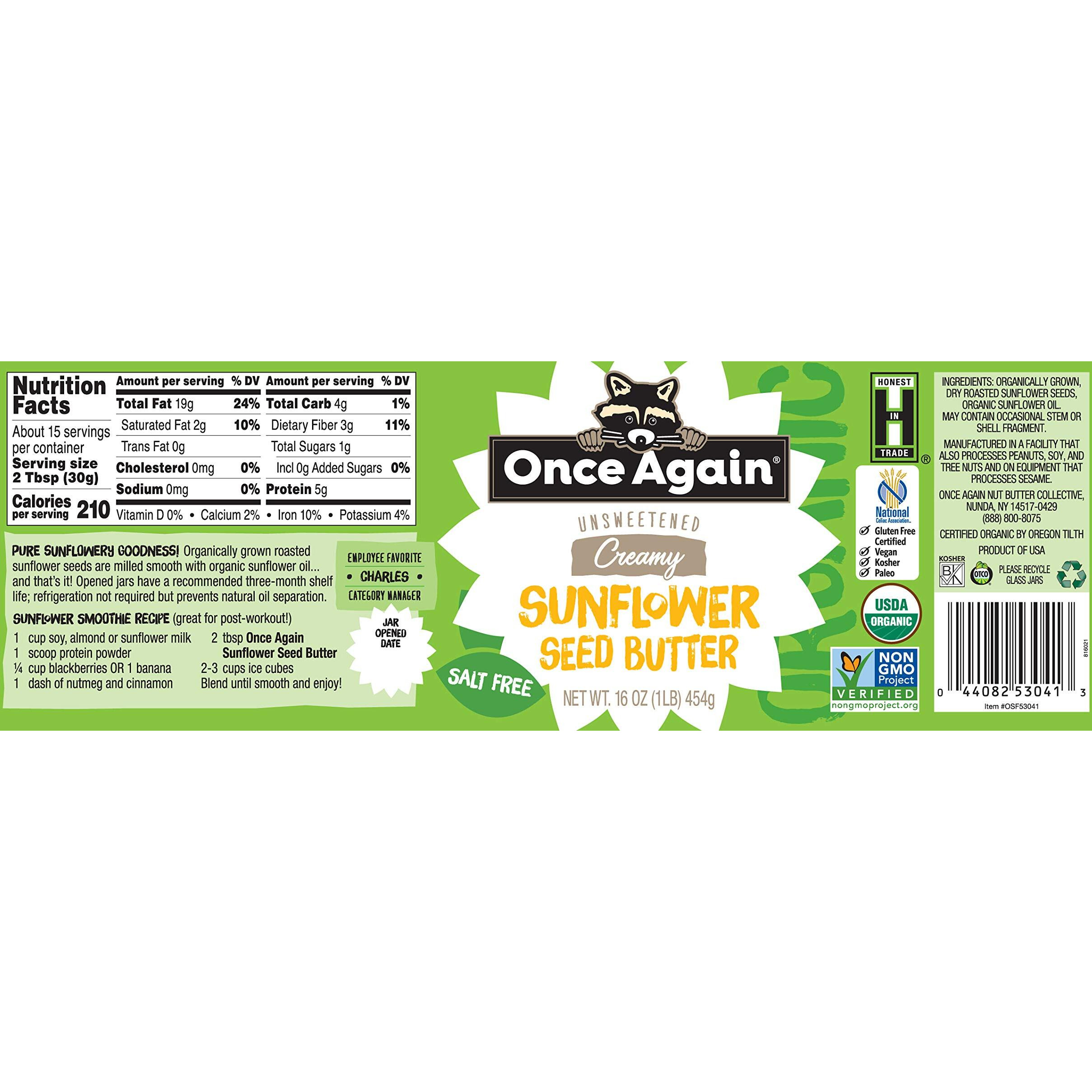 Once Again Organic Creamy Sunflower Butter, 16Oz - Salt Free, Unsweetened - Peanut Free, Usda Organic, Gluten Free Certified, Vegan, Kosher - Glass Jar (1 Jar)