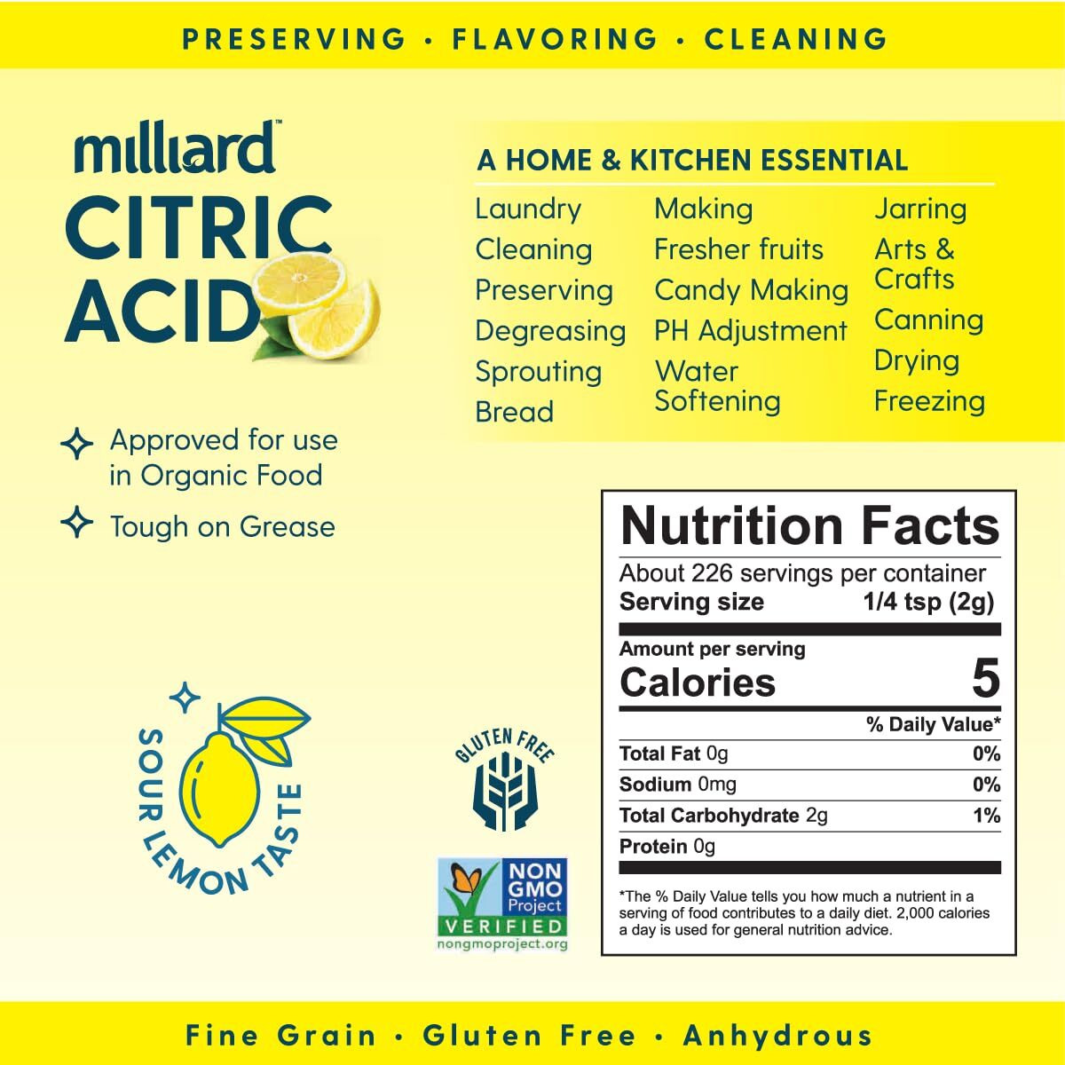 Milliard Citric Acid 1 Pound - 100% Pure Food Grade Non-Gmo Project Verified (1 Pound)