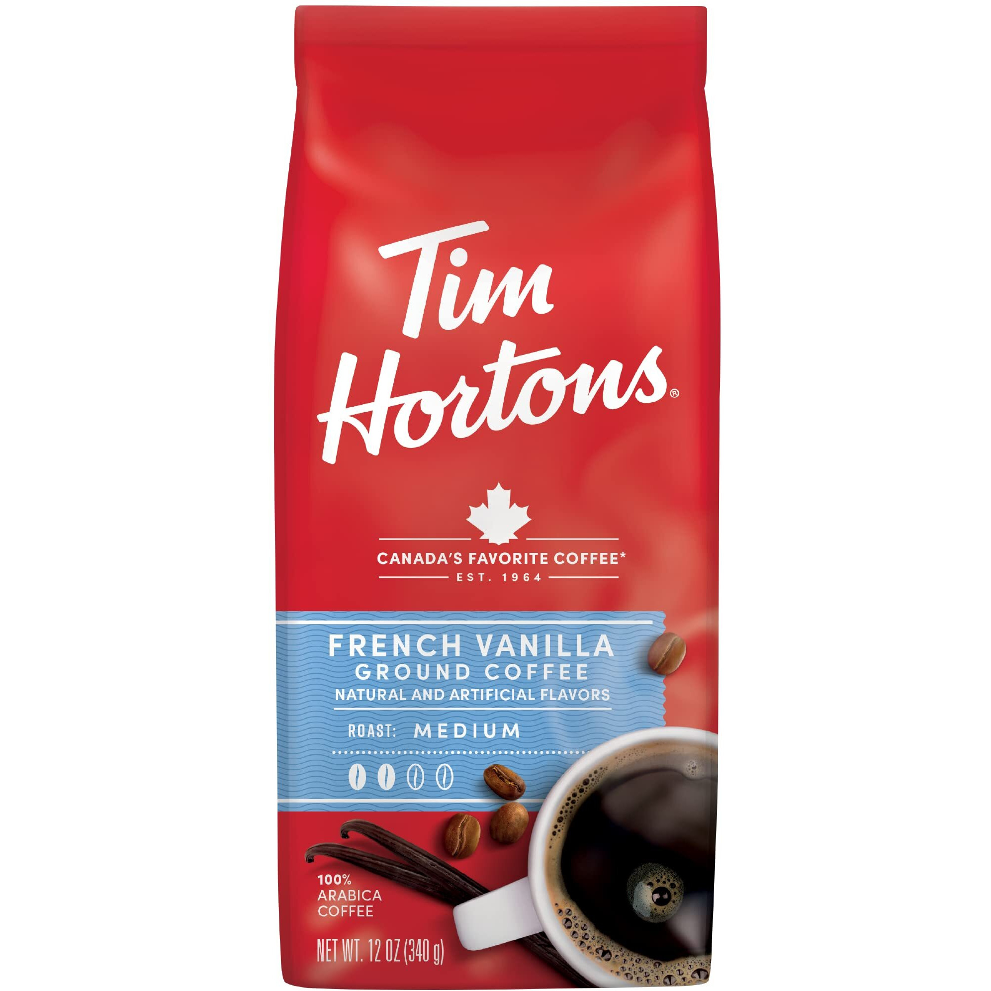 Tim Hortons French Vanilla, Flavored Roast Ground Coffee, Perfectly Balanced, Always Smooth, Made With 100% Arabica Beans, 12 Ounce Bag
