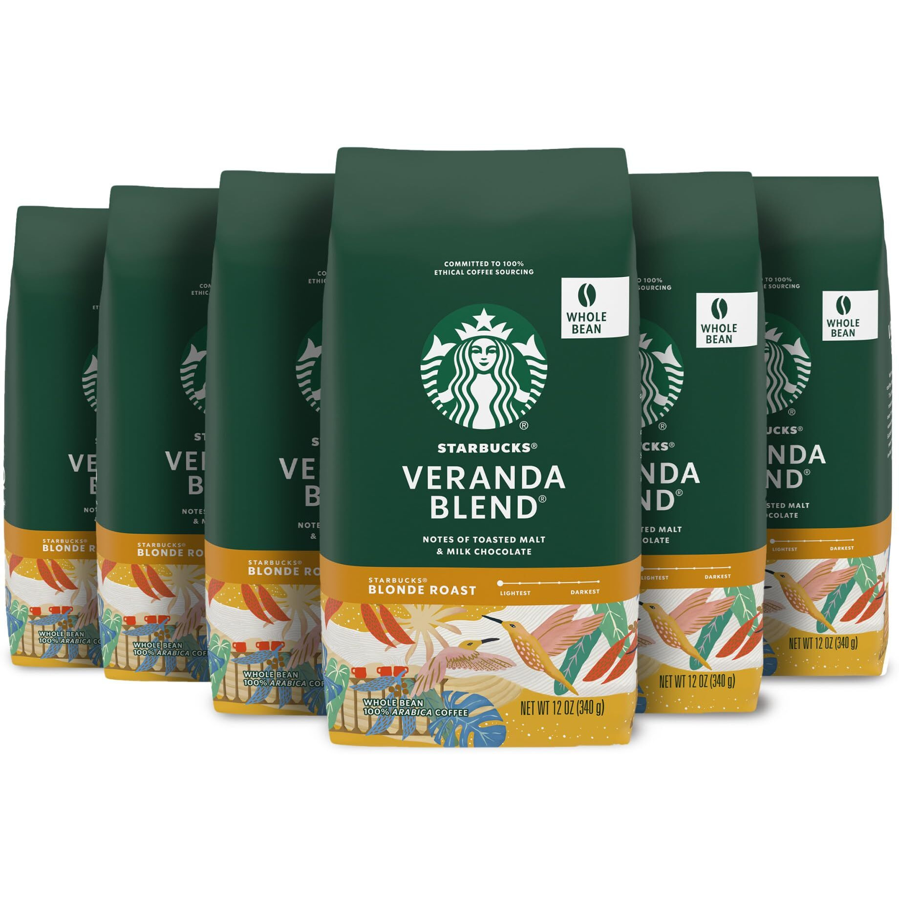 Starbucks Whole Bean Coffee-Starbucks Blonde Roast Coffee-Veranda Blend-100% Arabica-6 Bags (12 Oz Each)