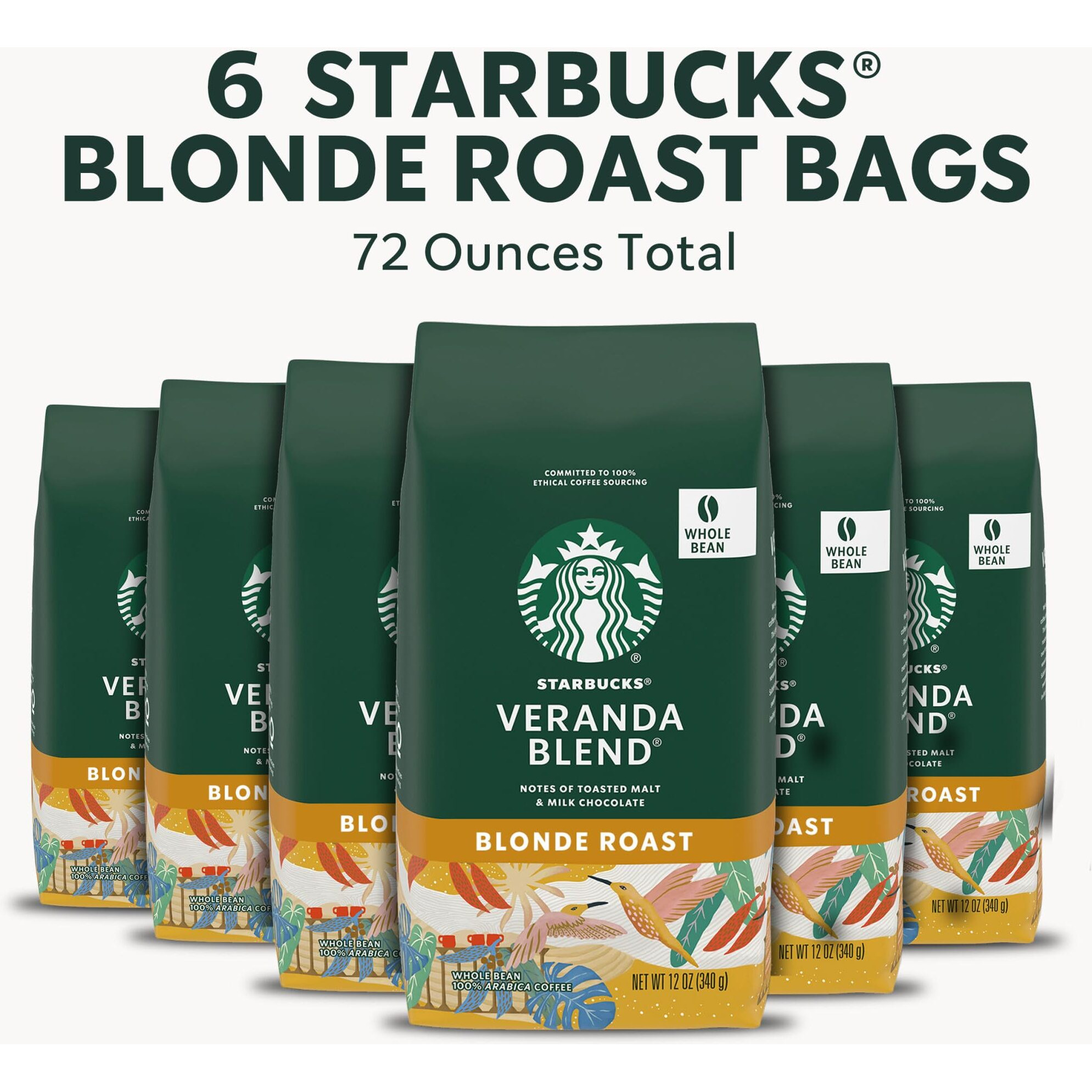 Starbucks Whole Bean Coffee-Starbucks Blonde Roast Coffee-Veranda Blend-100% Arabica-6 Bags (12 Oz Each)