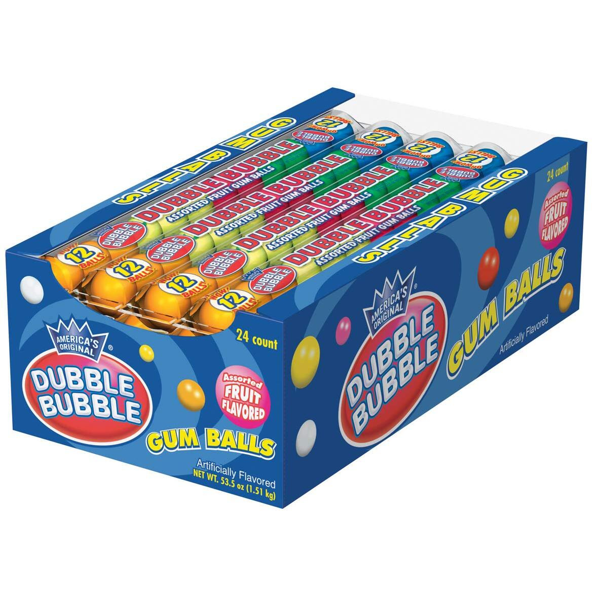 Dubble Bubble Gumball Tubes In Assorted Fruit Flavors, 12 Gumballs Per Tube (Pack Of 24)