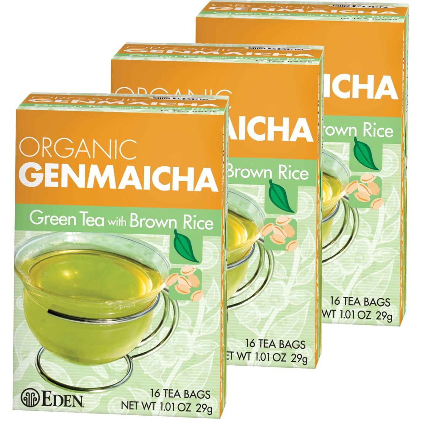 Eden Genmaicha Organic Green Tea, Sencha Green Tea With Roasted Organic Brown Rice, Japanese, 16 Unbleached Manila Tea Bags/Box (3-Pack)