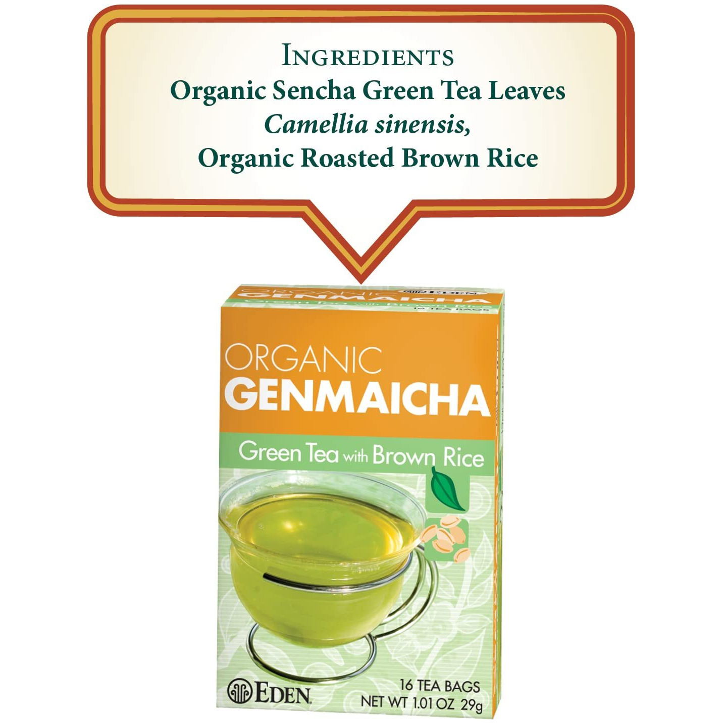 Eden Genmaicha Organic Green Tea, Sencha Green Tea With Roasted Organic Brown Rice, Japanese, 16 Unbleached Manila Tea Bags/Box (3-Pack)