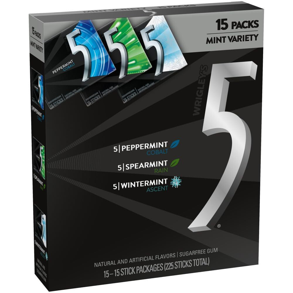 Wrigley's (15 Pack) 5 Gum Peppermint, Spearmint, Wintermint Sugar Free Chewing Gum Variety Pack, 15 Stick