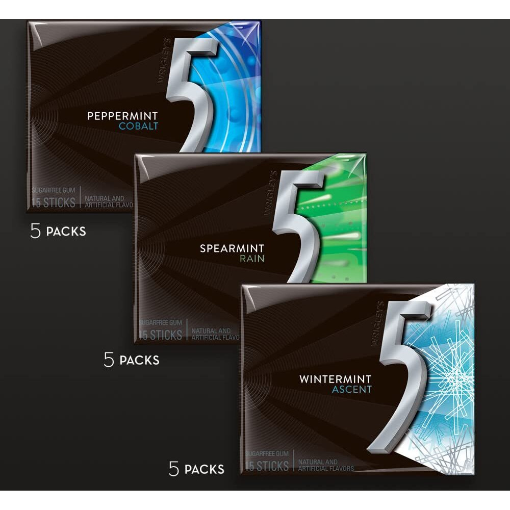Wrigley's (15 Pack) 5 Gum Peppermint, Spearmint, Wintermint Sugar Free Chewing Gum Variety Pack, 15 Stick