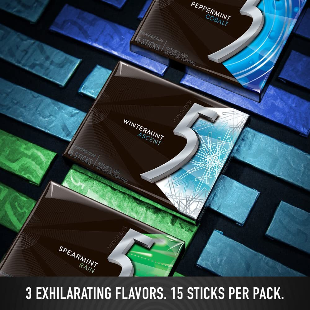 Wrigley's (15 Pack) 5 Gum Peppermint, Spearmint, Wintermint Sugar Free Chewing Gum Variety Pack, 15 Stick