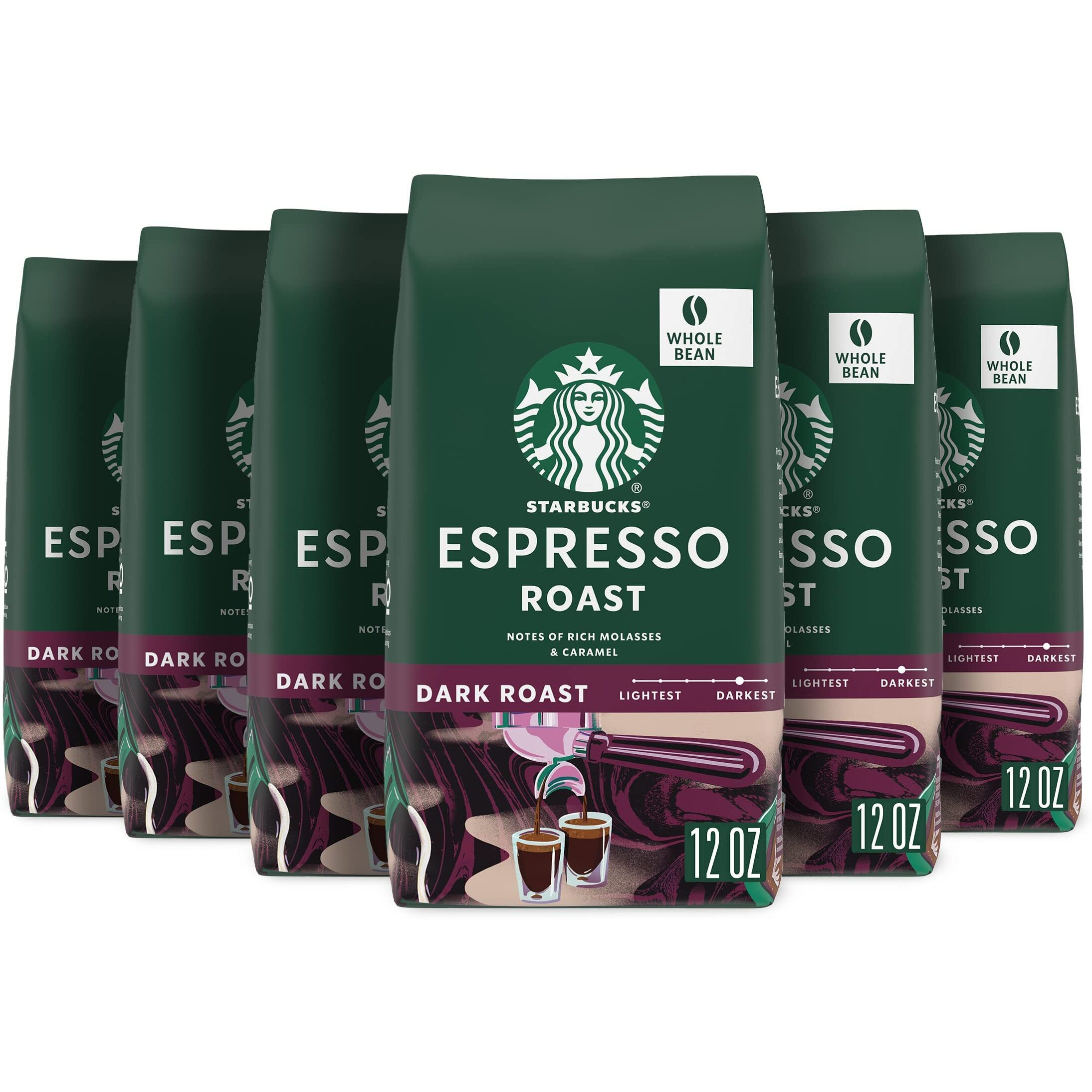 Starbucks Dark Roast Whole Bean Coffee - Espresso Roast - 100% Arabica - 6 Bags (12 Oz. Each)