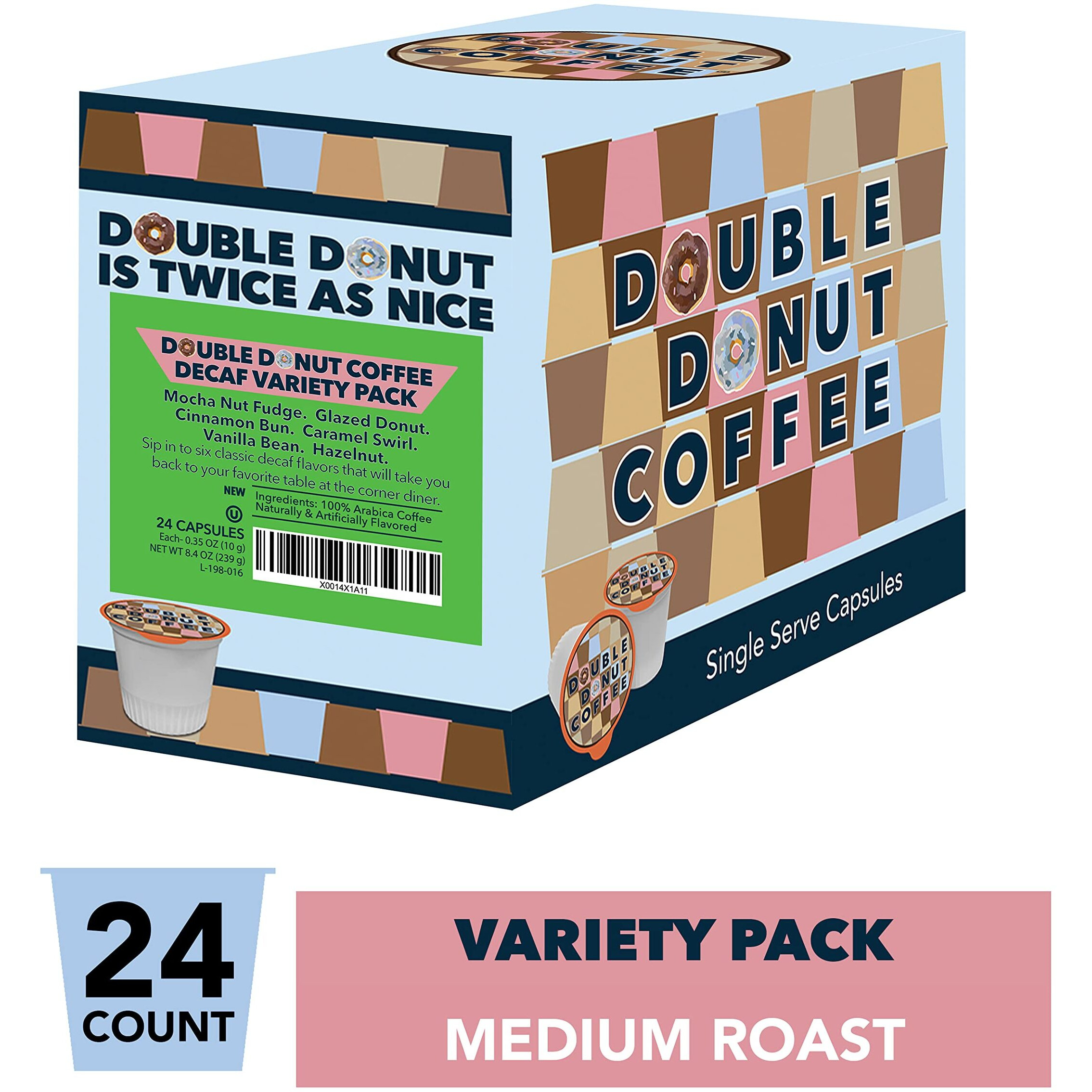 Double Donut Decaf Medium Roast Coffee Pods Variety Pack - 24 Count