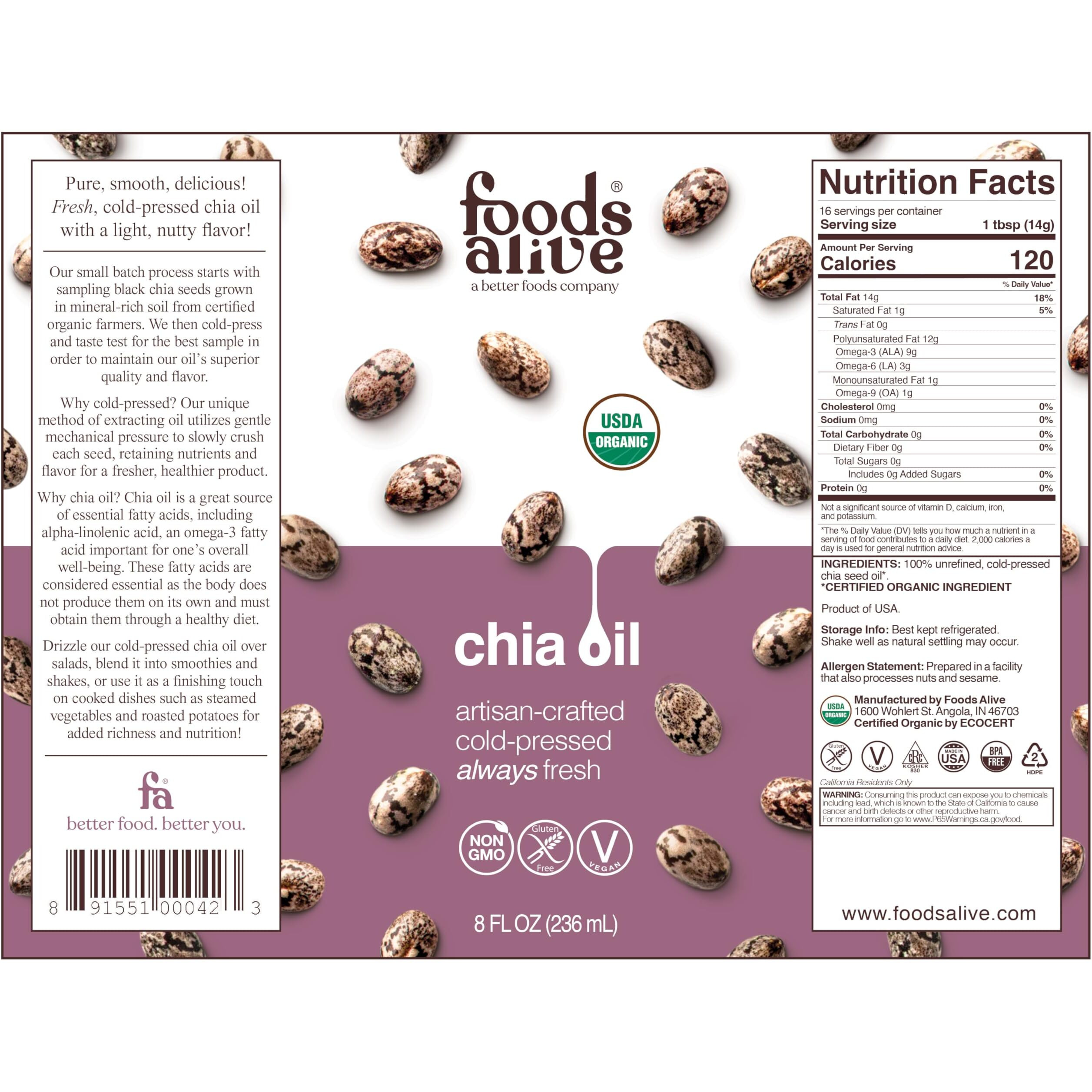 Foods Alive | Organic Chia Oil | 8 Oz