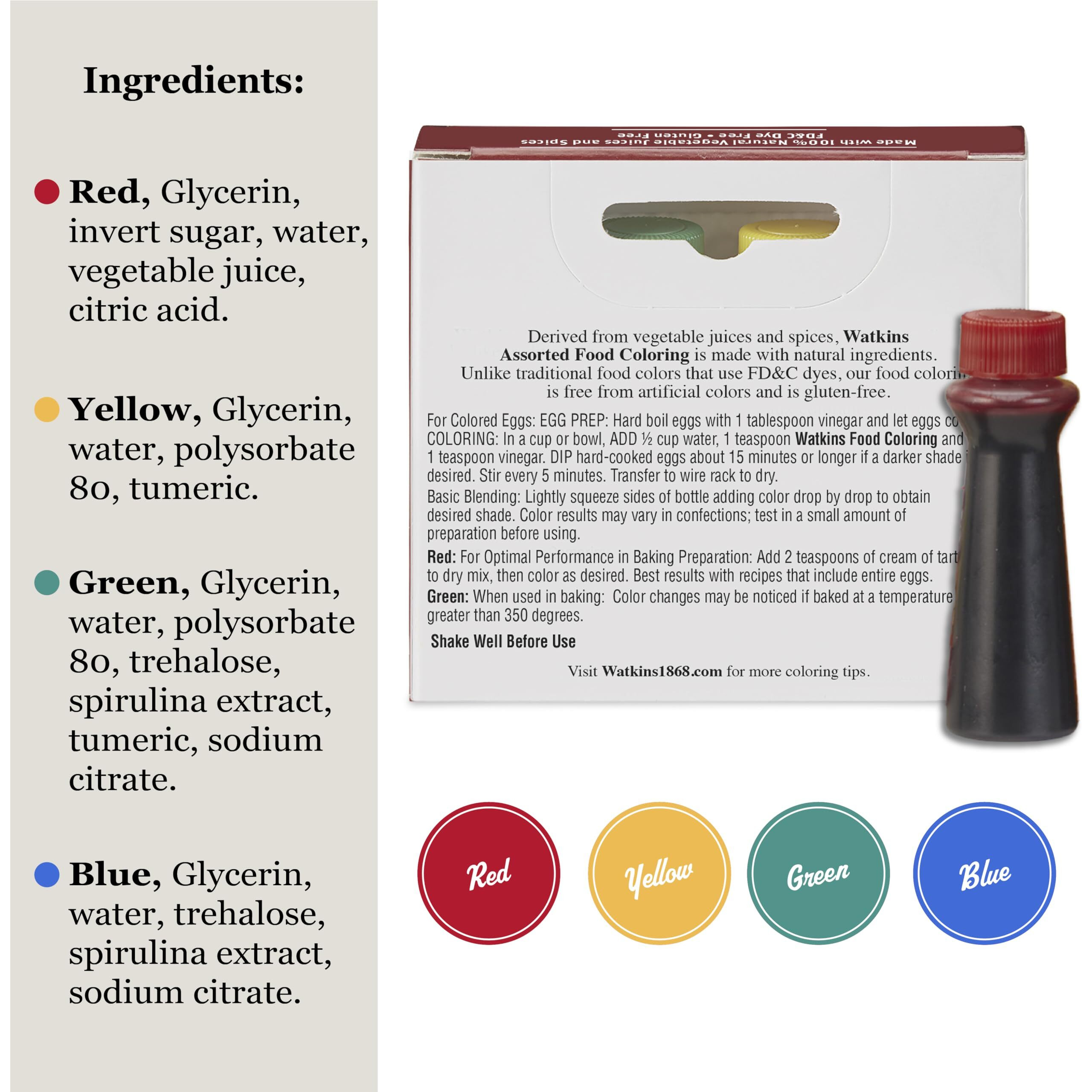 Watkins Assorted Food Coloring, 1 Each Red, Yellow, Green, Blue, Total Four .3 Oz Bottles