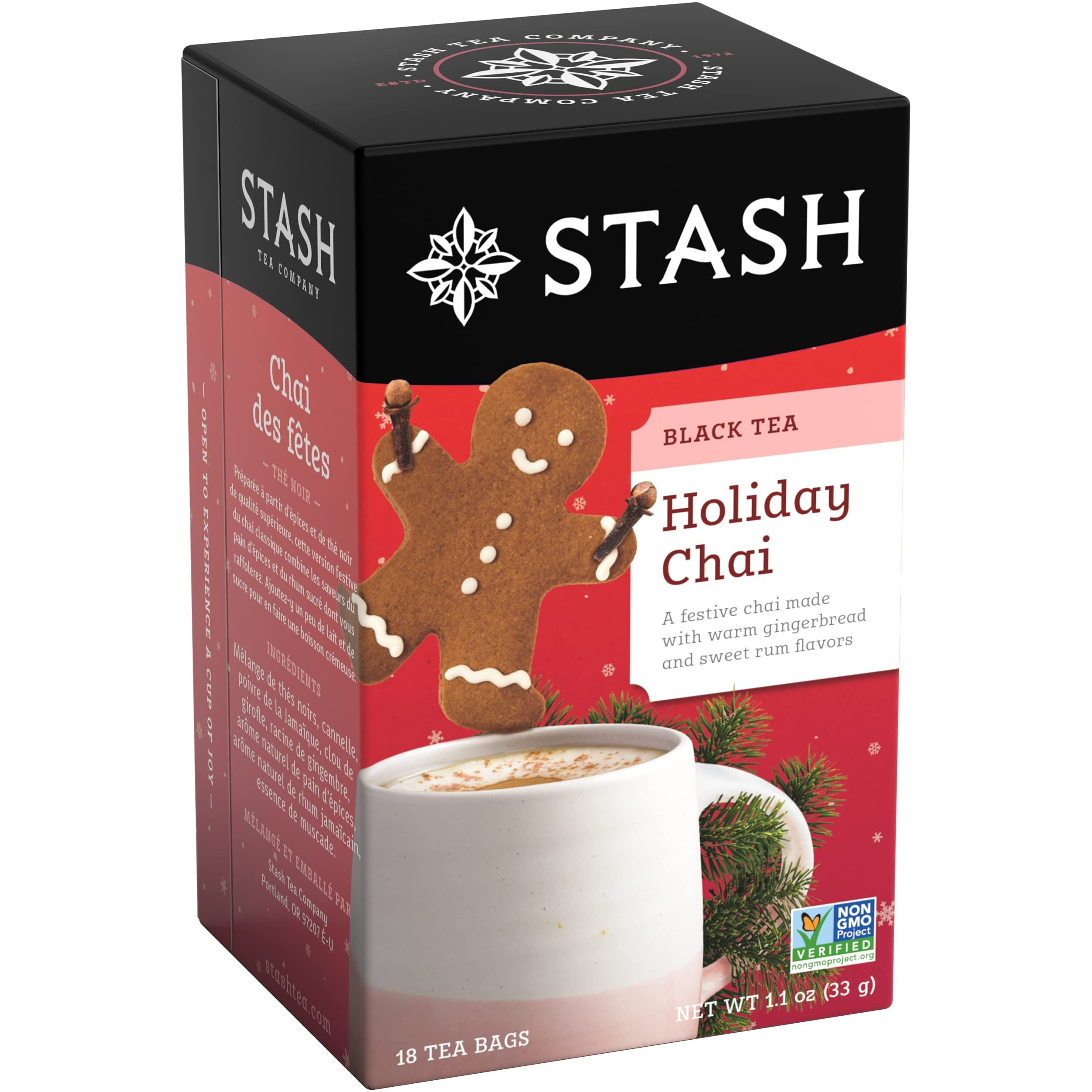 Stash Tea Holiday Chai Tea 18 Count Tea Bags (Pack Of 6), Individual Spiced Black Tea Bags For Use In Teapots Mugs Or Cups, Brew Hot Tea Or Iced Tea