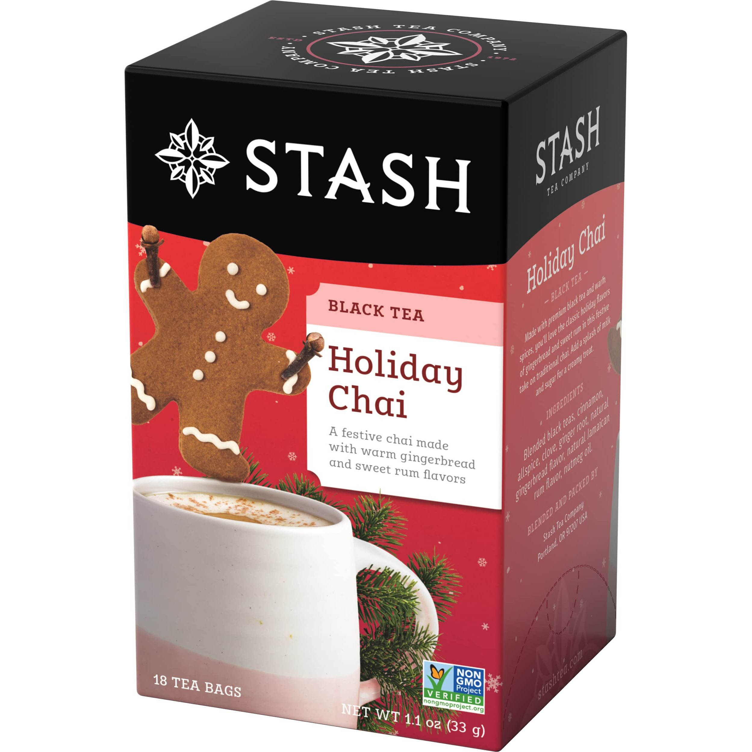 Stash Tea Holiday Chai Tea 18 Count Tea Bags (Pack Of 6), Individual Spiced Black Tea Bags For Use In Teapots Mugs Or Cups, Brew Hot Tea Or Iced Tea