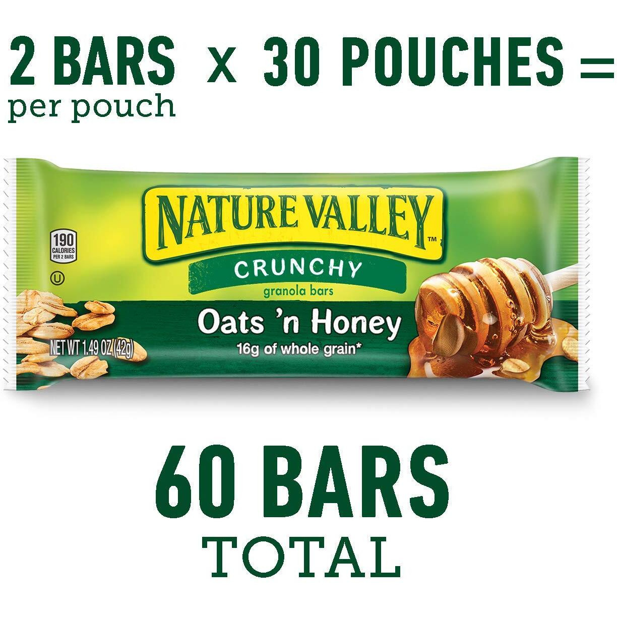 Nature Valley Crunchy Oats 'N Honey Granola Bars, 60 Bars, 44.7 Oz (30 Pouches)