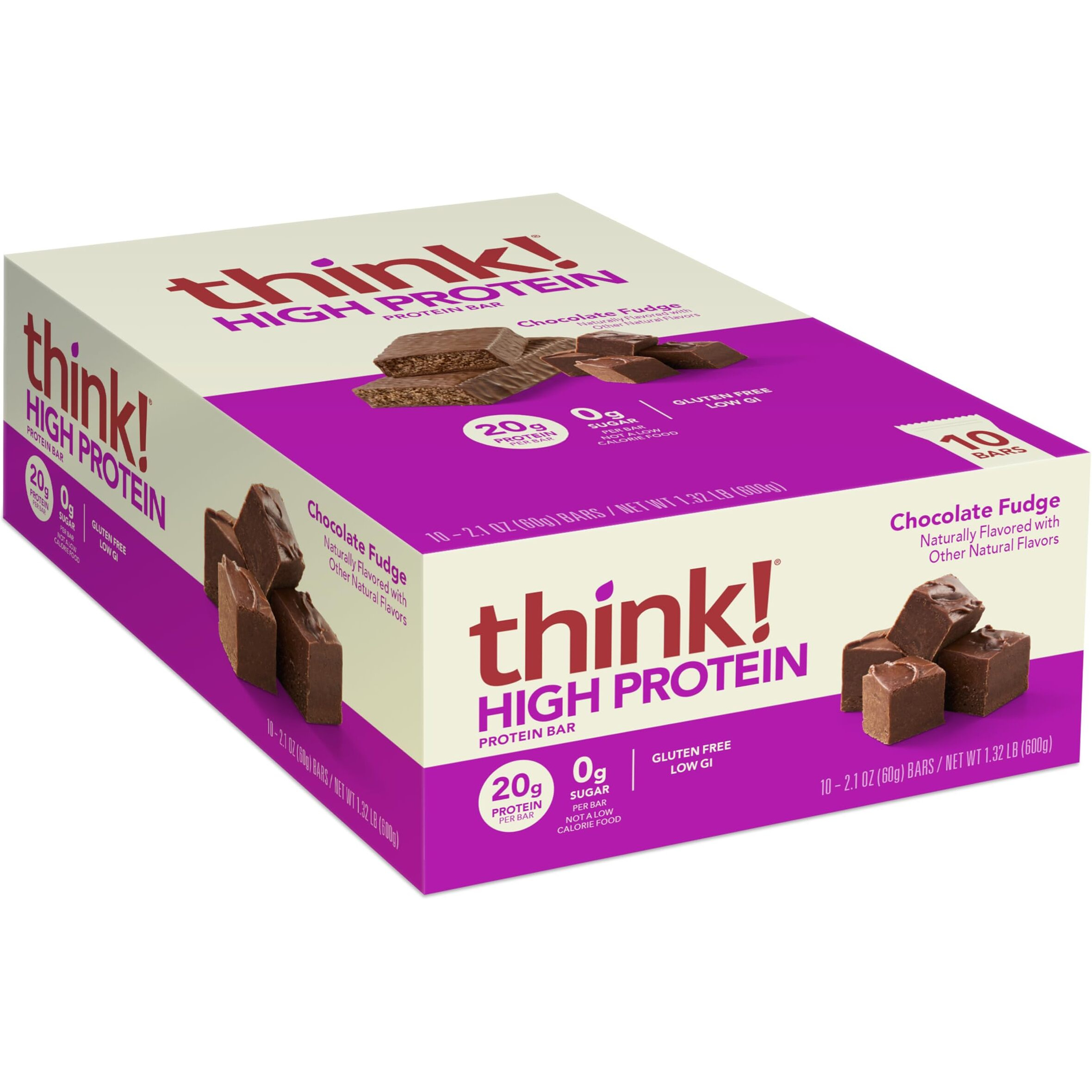Think Protein Bars, High Protein Snacks, Gluten Free, Kosher Friendly, Chocolate Fudge, Nutrition Bars, 2.1 Oz Per Bar, 10 Count (Packaging May Vary)