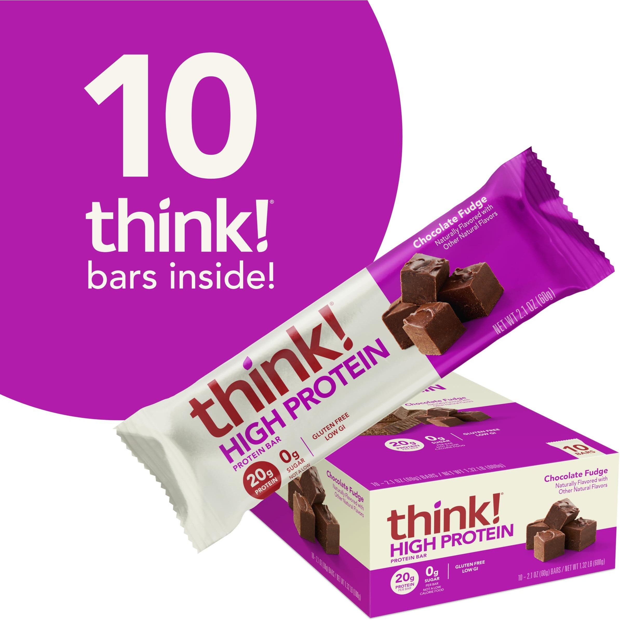 Think Protein Bars, High Protein Snacks, Gluten Free, Kosher Friendly, Chocolate Fudge, Nutrition Bars, 2.1 Oz Per Bar, 10 Count (Packaging May Vary)