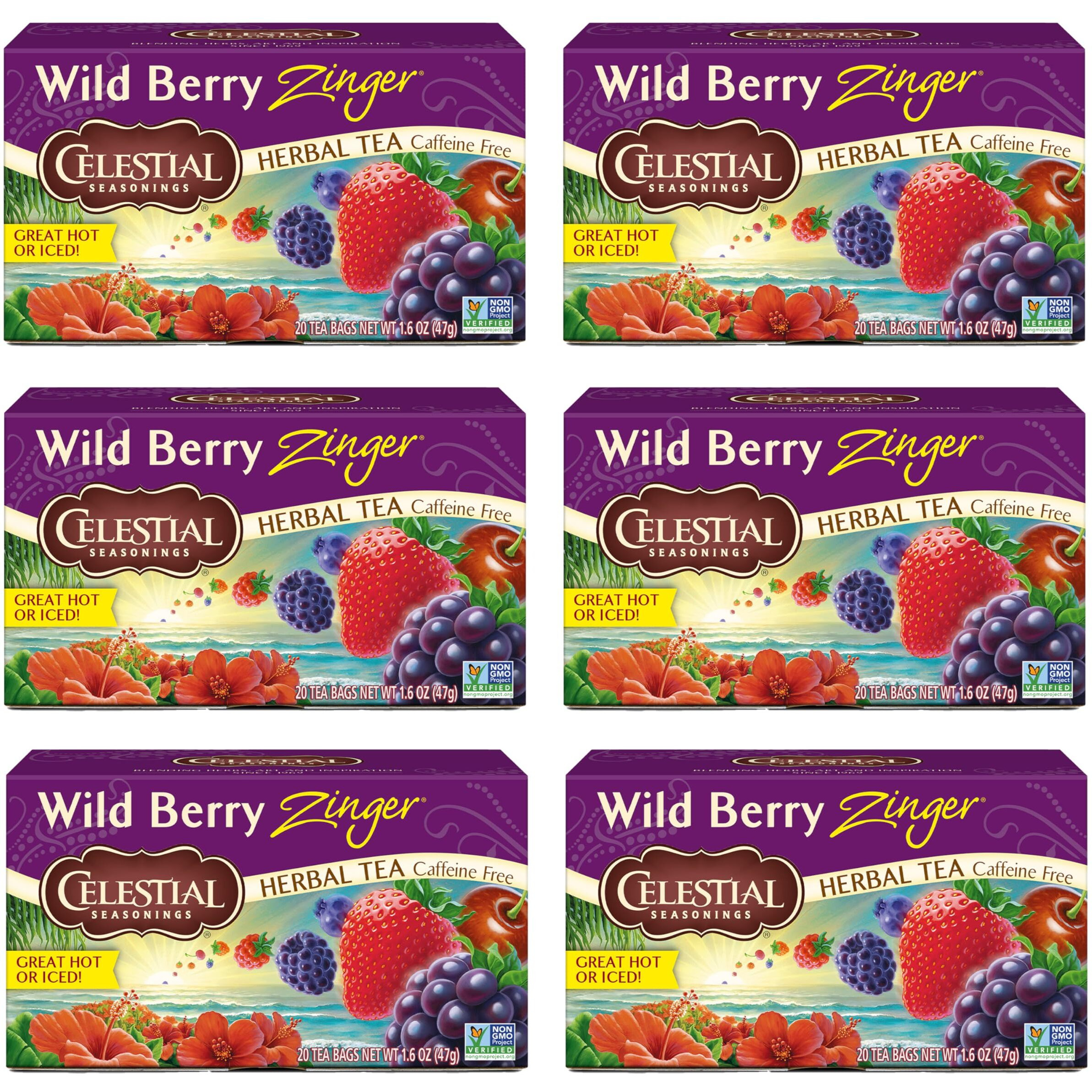 Celestial Seasonings Wild Berry Zinger Herbal Tea, Caffeine Free, 20 Tea Bags Box, (Pack Of 6)