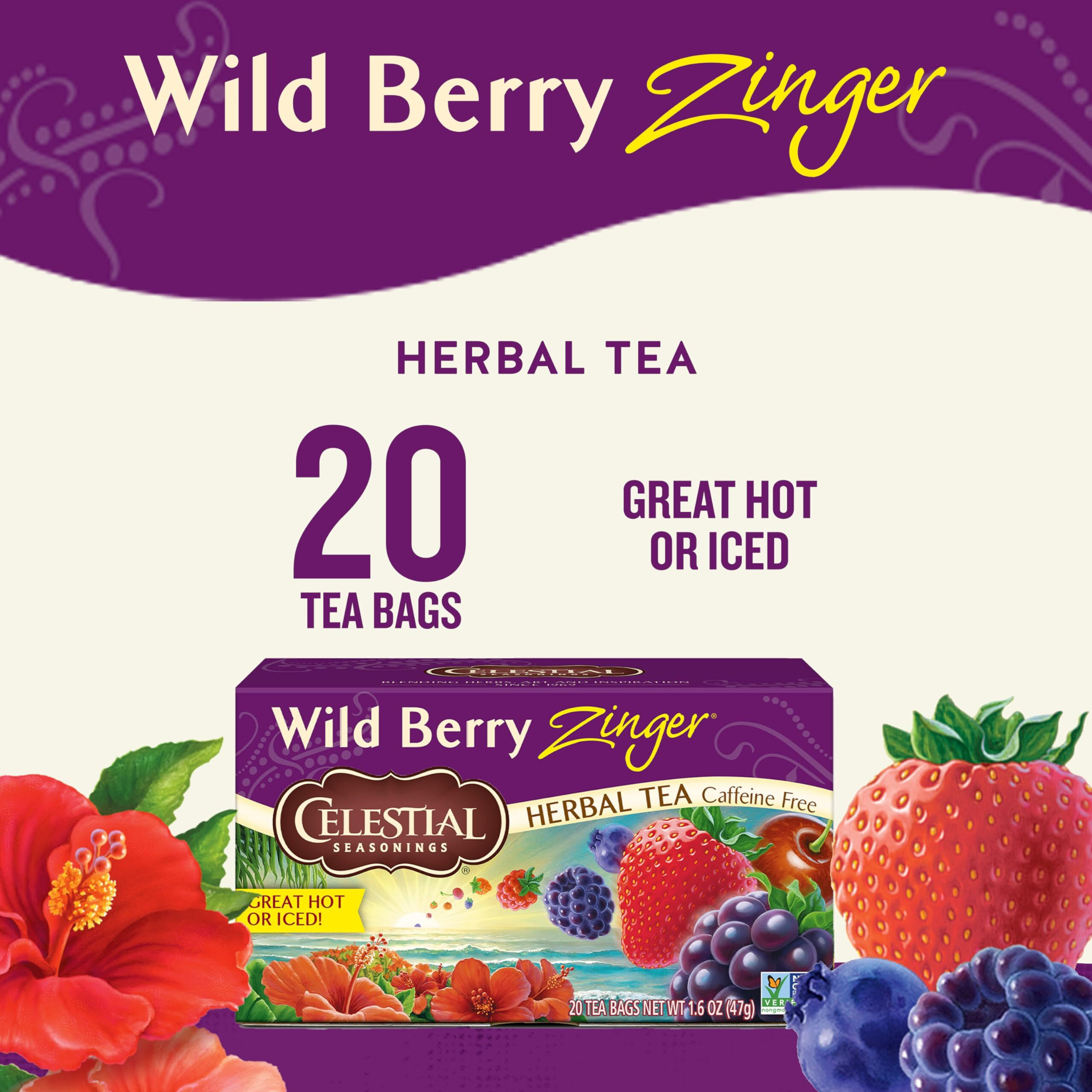 Celestial Seasonings Wild Berry Zinger Herbal Tea, Caffeine Free, 20 Tea Bags Box, (Pack Of 6)