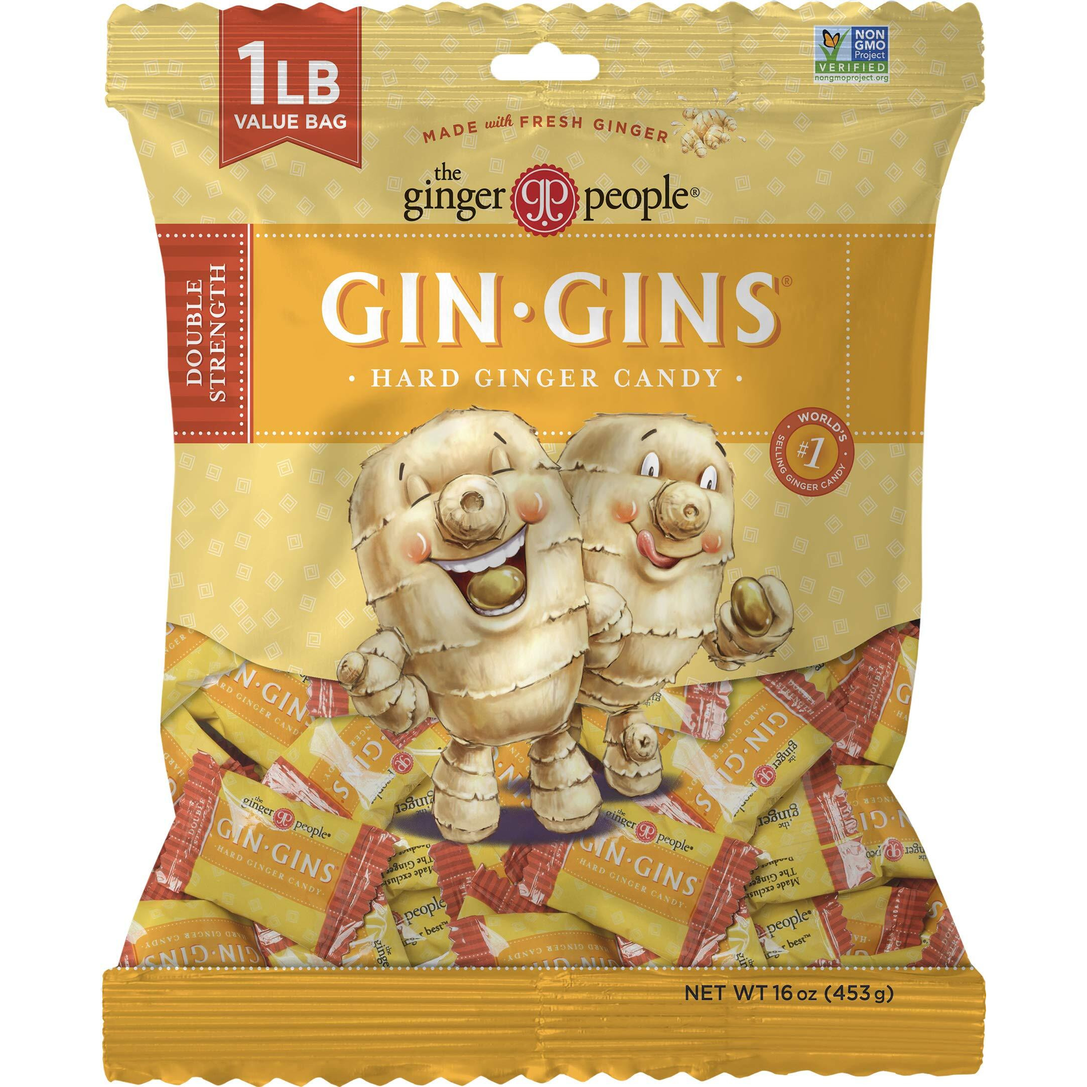 Gin Gins Double Strength Ginger Hard Candy By The Ginger People - Anti-Nausea And Digestion Aid, Individually Wrapped Healthy Candy - Double Strength Ginger Flavor, Large 1 Lb Bag (16Oz) - Pack Of 1