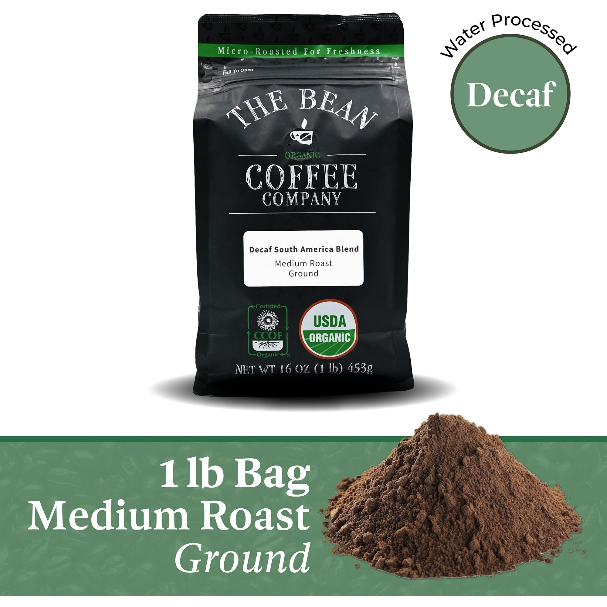 The Bean Organic Coffee Company Water Processed Decaf South America Blend, Medium Roast, Ground Coffee, 16-Ounce Bag, Caf   Molido Tostado Org  Nico Descafeinado