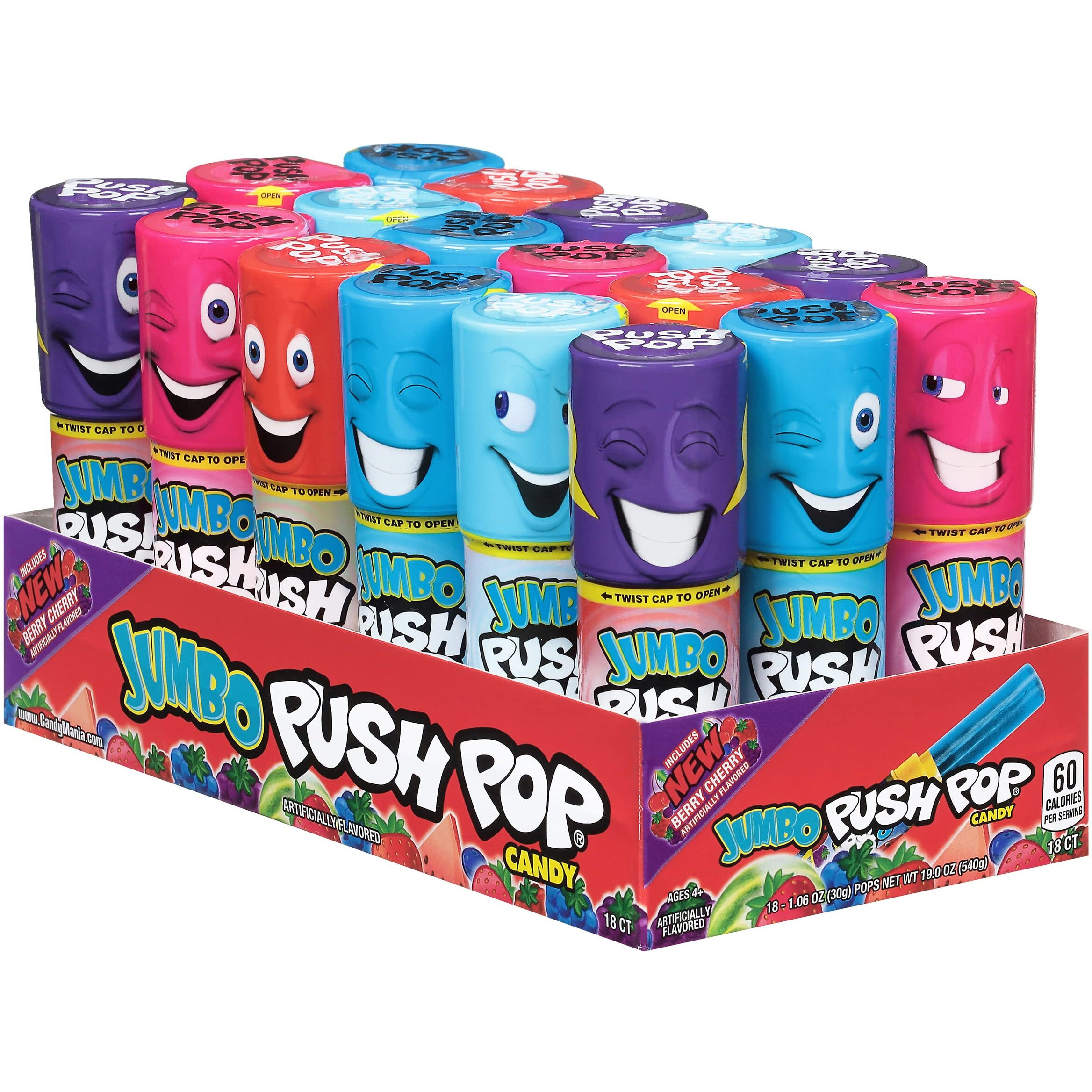 Push Pop Jumbo Candy Assortment Bulk 18 Pack - Blue Raspberry, Watermelon, Strawberry, Cotton Candy And Cherry Watermelon