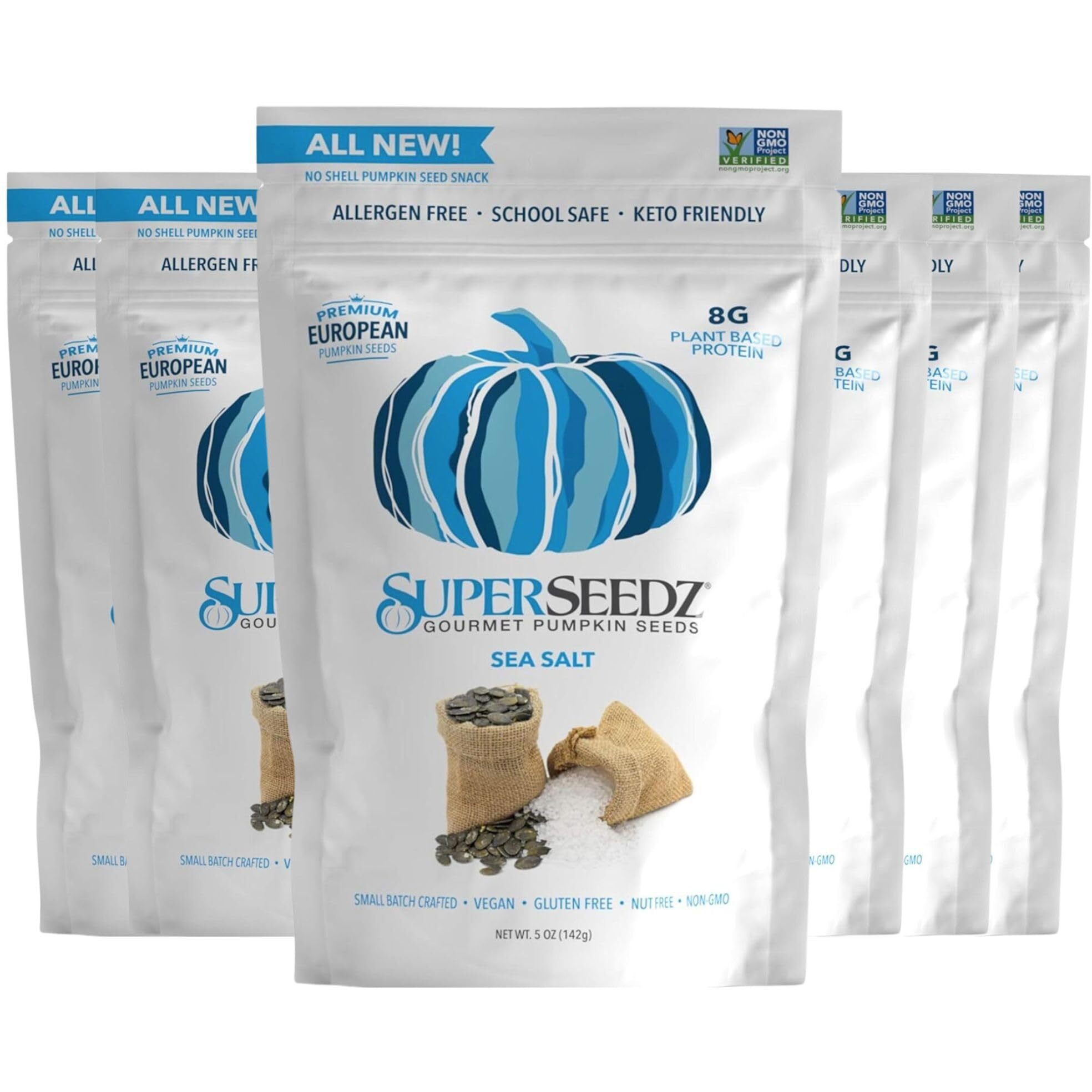 Superseedz Dry Roasted Pumpkin Seeds - Sea Salt Pepitas, Whole 30, Paleo, Vegan & Keto Snacks, 8G Plant Based Protein, Produced In Usa, Dairy Free, Nut Free, Gluten Free Snack (5Oz, 6-Pack)