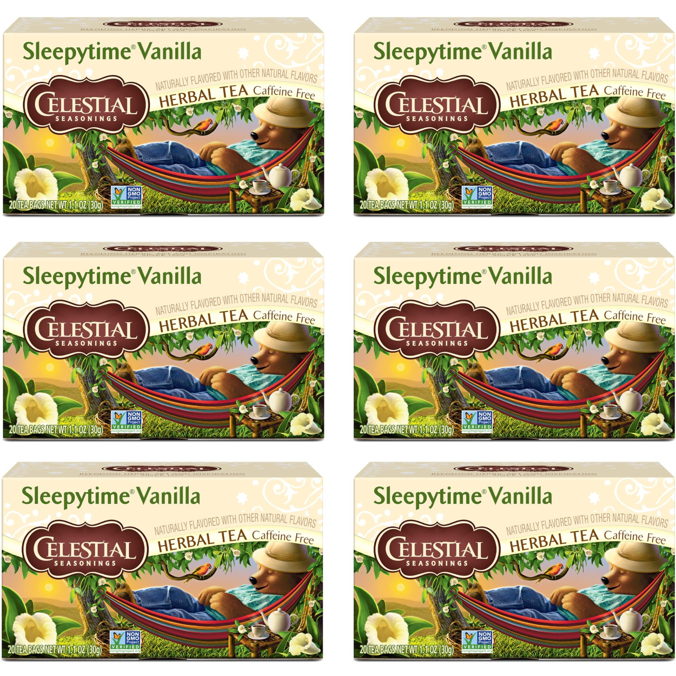 Celestial Seasonings Sleepytime Herbal Vanilla Tea, Caffeine Free, 20 Tea Bags Box, (Pack Of 6)