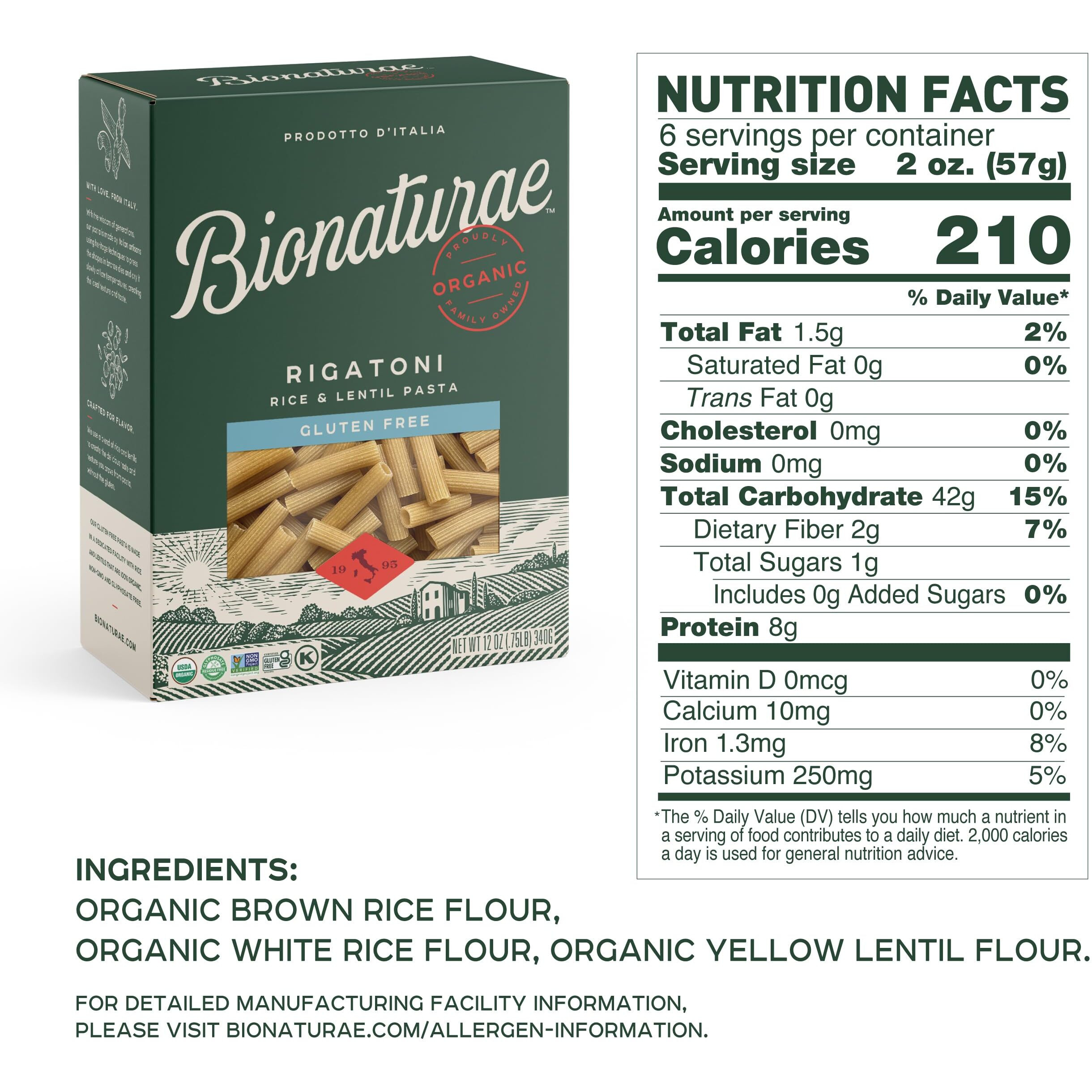 Bionaturae Rigatoni Pasta Noodles - Gluten Free Rigatoni Pasta Organic, Rice & Lentil Pasta, Kosher, High Protein, Non-Gmo, Gluten Free Pasta Organic, Crafted In Italy - 12 Oz, 4 Pack