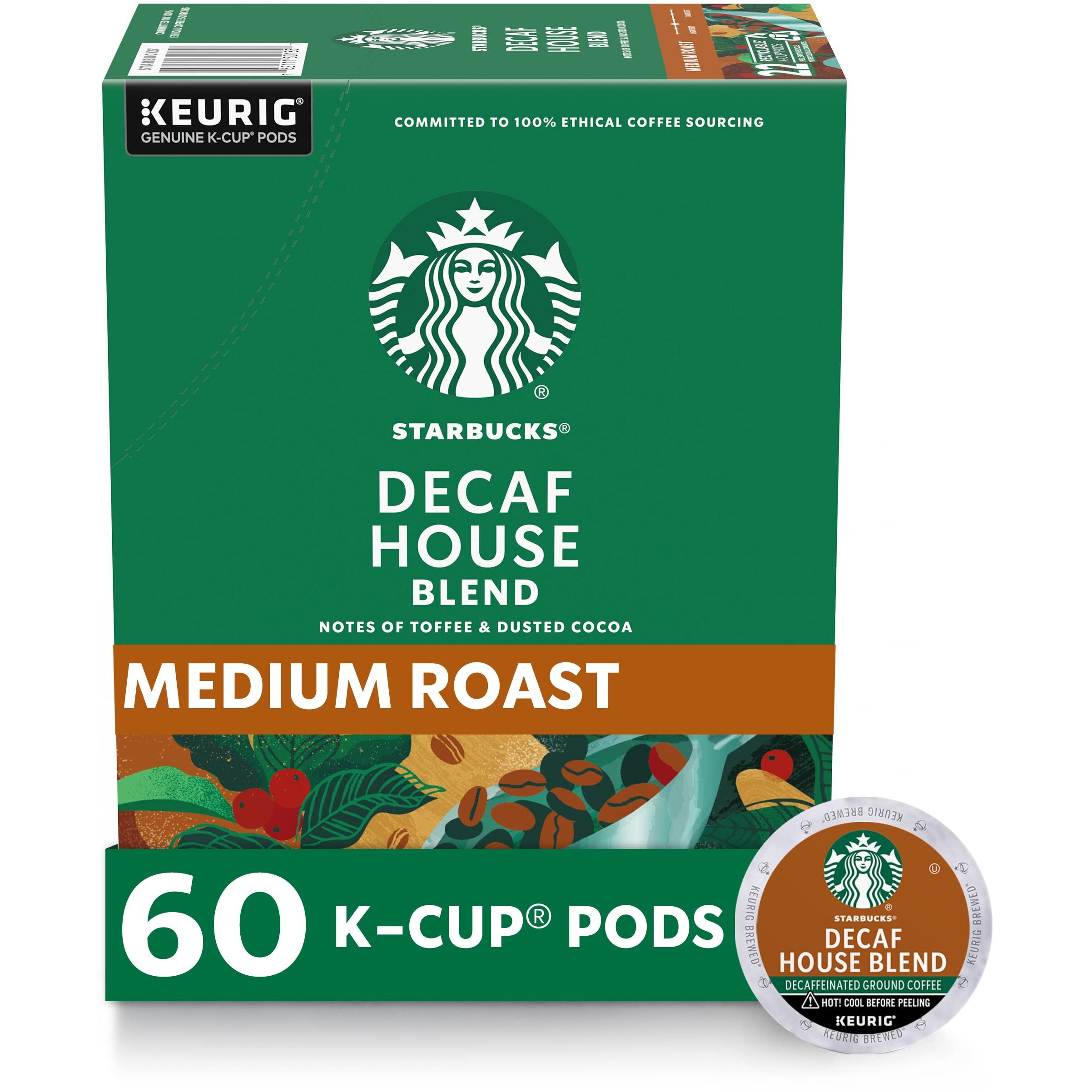 Starbucks Decaf K-Cup Coffee Pods, House Blend For Keurig Brewers, 6 Boxes (60 Pods Total)
