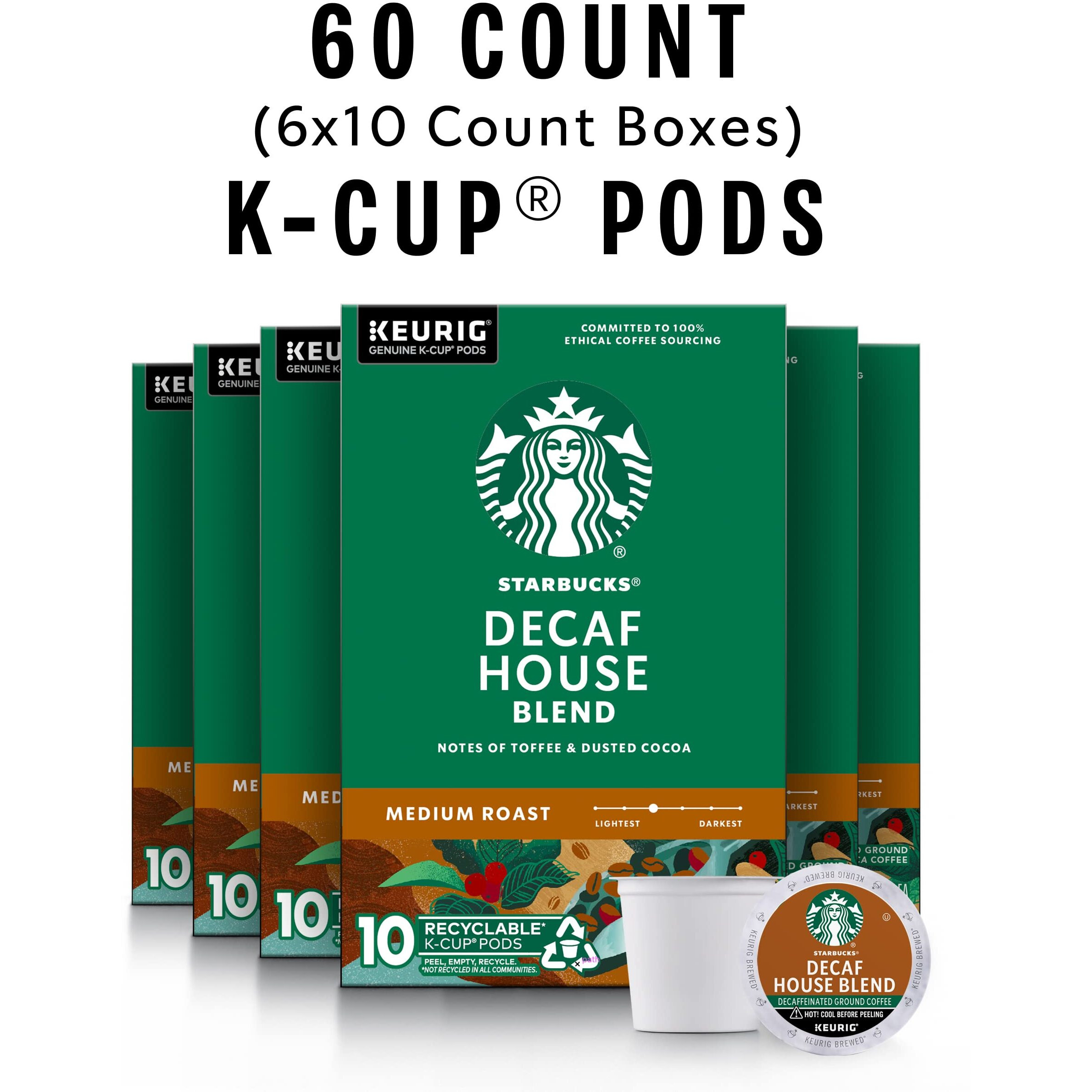 Starbucks Decaf K-Cup Coffee Pods, House Blend For Keurig Brewers, 6 Boxes (60 Pods Total)
