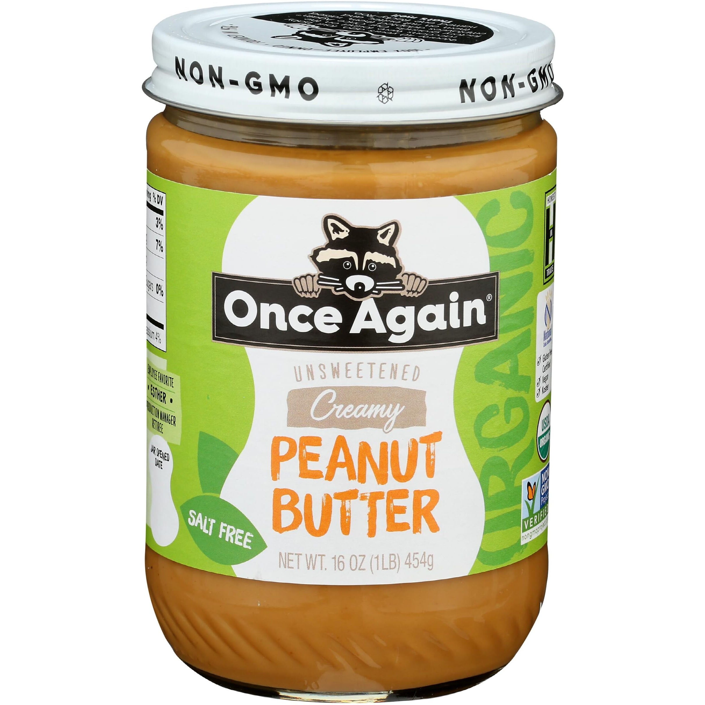 Once Again Organic Creamy Peanut Butter, 16Oz - Salt Free, Unsweetened - Usda Organic, Gluten Free Certified, Vegan, Kosher - Glass Jar