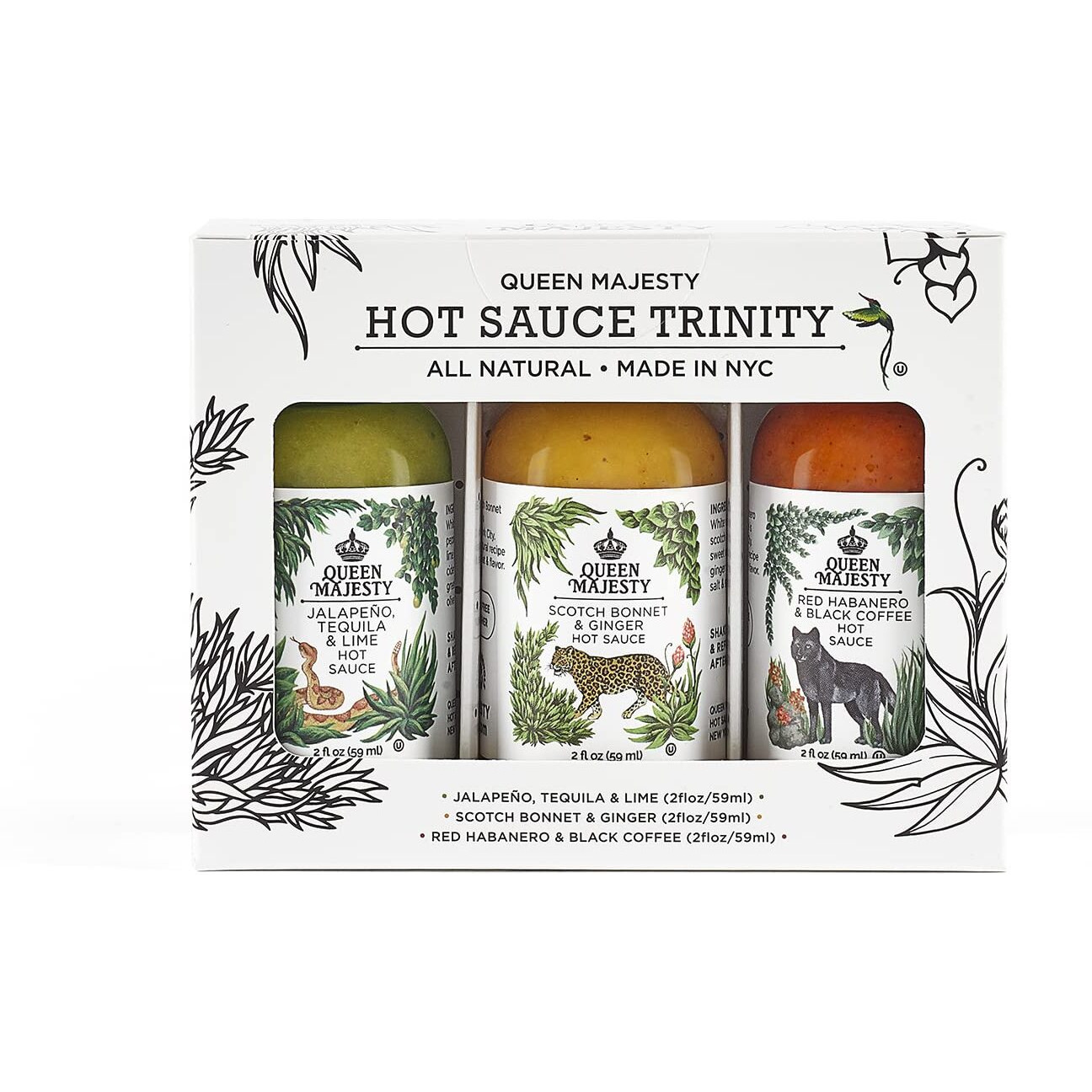 Queen Majesty 2Oz Hot Sauce Sampler, Mini 2 Oz - Jalapeo, Scotch Bonnet, Red Habanero / Award Winning Sauces - All Natural, Kosher, Vegan, Gluten Free, No Sugar, Made In Nyc - Seen On Hot Ones