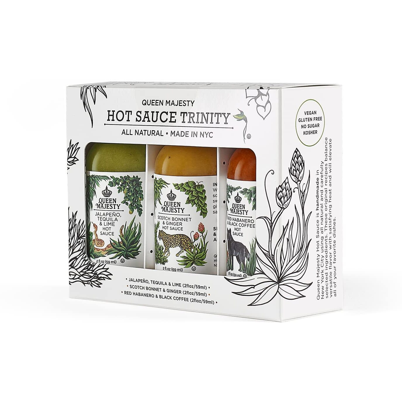 Queen Majesty 2Oz Hot Sauce Sampler, Mini 2 Oz - Jalapeo, Scotch Bonnet, Red Habanero / Award Winning Sauces - All Natural, Kosher, Vegan, Gluten Free, No Sugar, Made In Nyc - Seen On Hot Ones