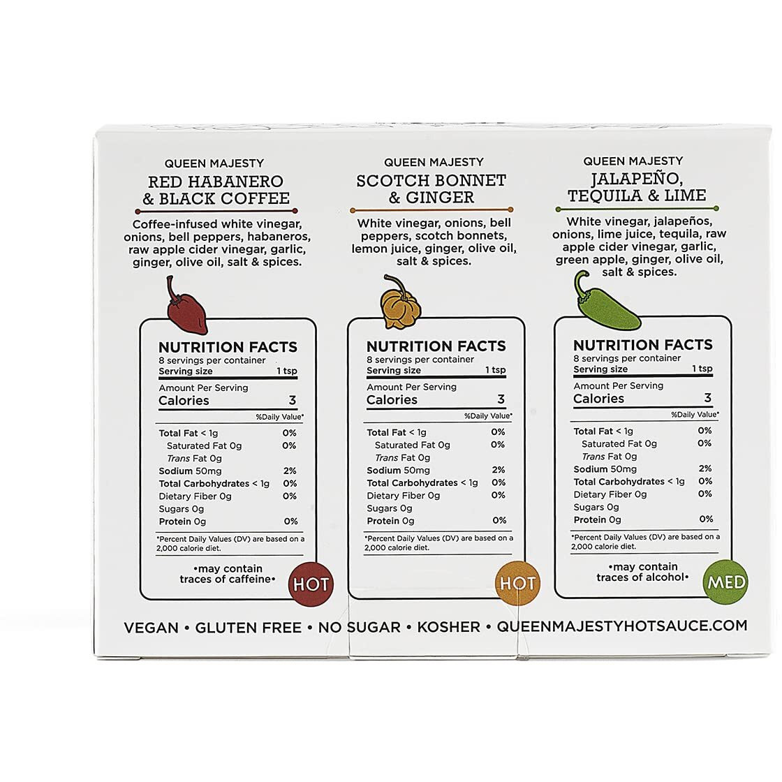 Queen Majesty 2Oz Hot Sauce Sampler, Mini 2 Oz - Jalapeo, Scotch Bonnet, Red Habanero / Award Winning Sauces - All Natural, Kosher, Vegan, Gluten Free, No Sugar, Made In Nyc - Seen On Hot Ones