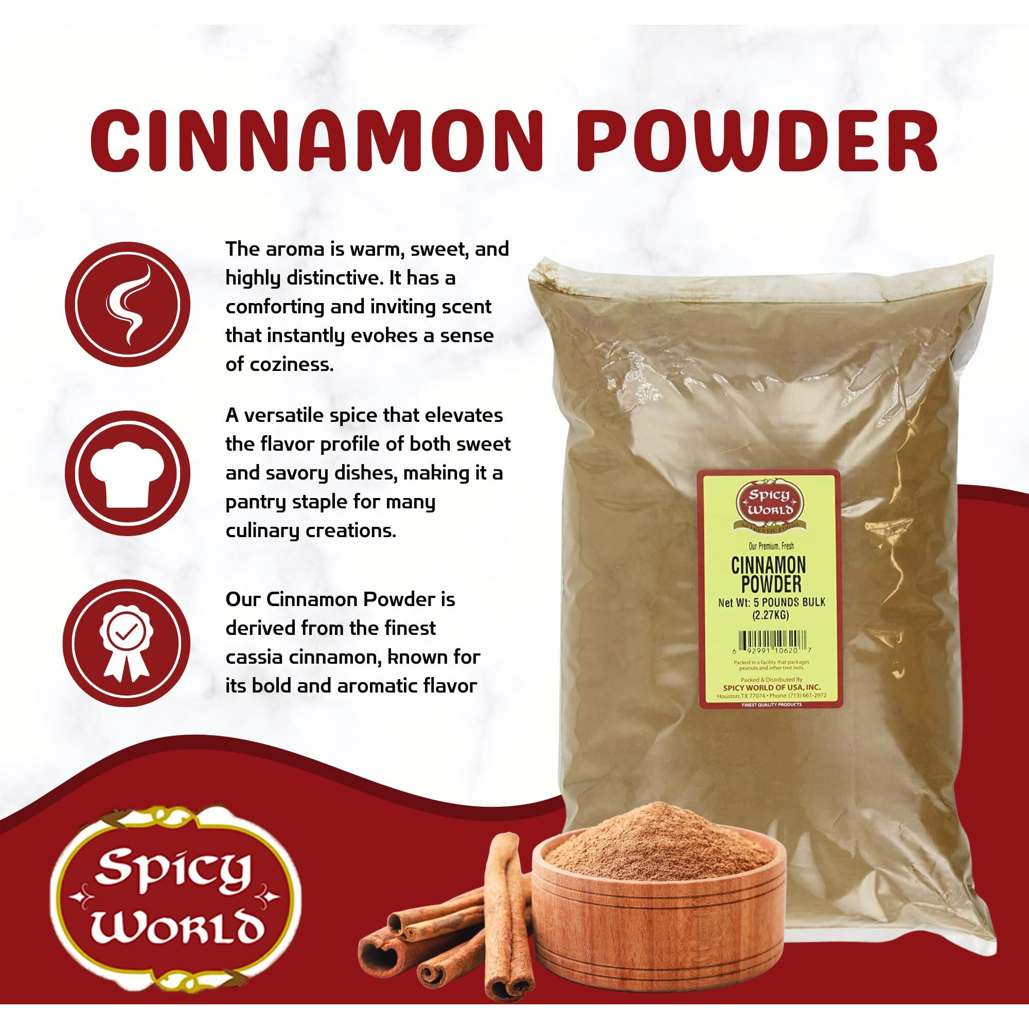 Spicy World Premium Cinnamon Powder 5 Pound Bulk Bag | Ground Cassia Cinnamon | Great Authentic Spice For Coffee, Tea, Baking & Oatmeal | Source Of Rich Flavor