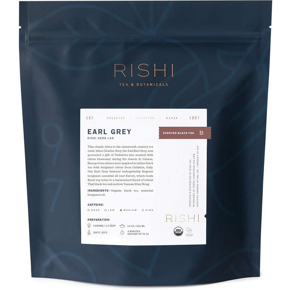 Rishi Tea Earl Grey Tea - Usda Organic Direct Trade Loose Leaf Tea, Certified Kosher Pure Black Tea With Bergamot Oil, Energizing & Caffeinated - 16 Ounces (Pack Of 1)