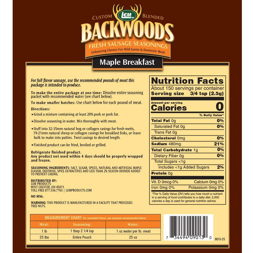 Lem Products Backwoods Maple Breakfast Fresh Sausage Seasoning, Ideal For Wild Game And Domestic Meat, Seasons Up To 25 Pounds Of Meat, 13.5 Ounce Packet