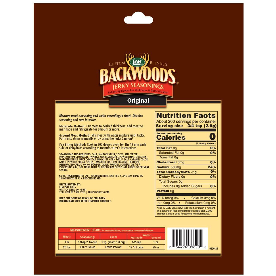 Lem Products Backwoods Original Jerky Seasoning, Ideal For Wild Game And Domestic Meat, Seasons Up To 25 Pounds Of Meat, 18.3 Ounce Packet With Pre-Measured Cure Packet Included