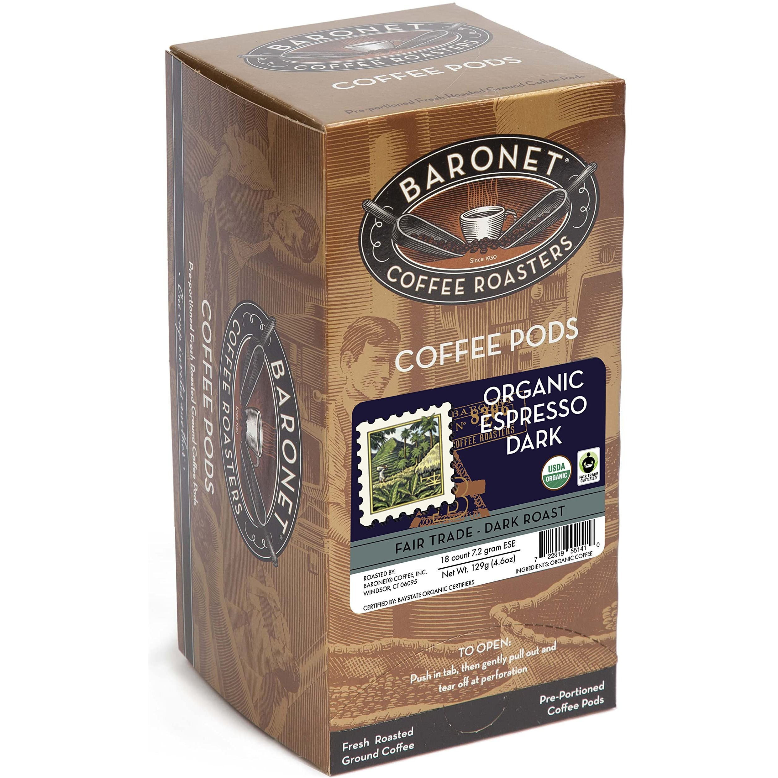 Baronet Coffee Organic Ese Espresso Pods - Espresso Roast , 7.2 Grams - Individually Wrapped For Freshness - Rich, Traditional Flavor - 18 Count (Pack Of 3)