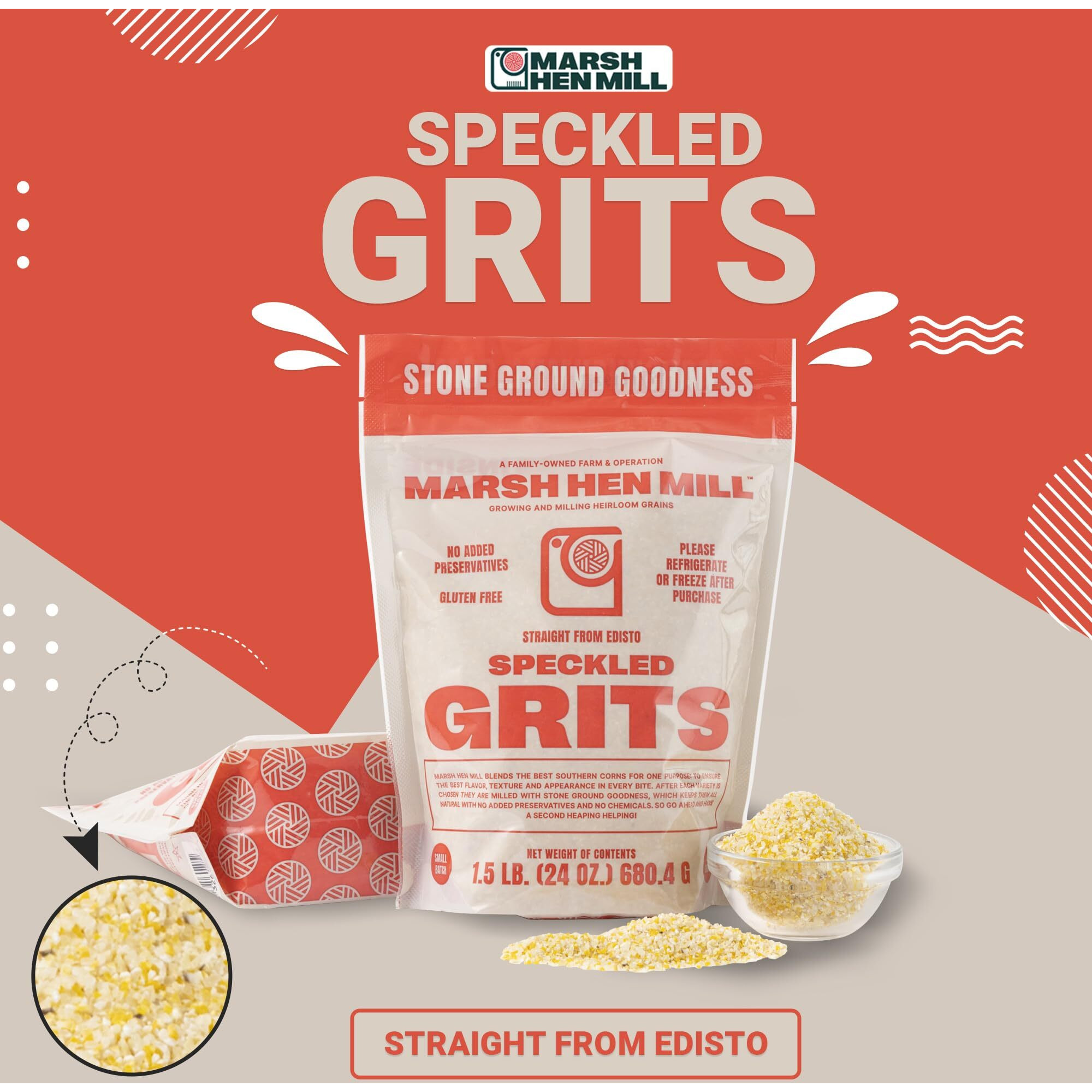 Marsh Hen Mill Speckled Pure Grits - Heirloom Blend Of Yellow And White Corn Stone Ground Grits | Creamy Old Fashioned Goodness | Gluten-Free | No Additives, Pure All Natural Corn | 24 Oz Pack
