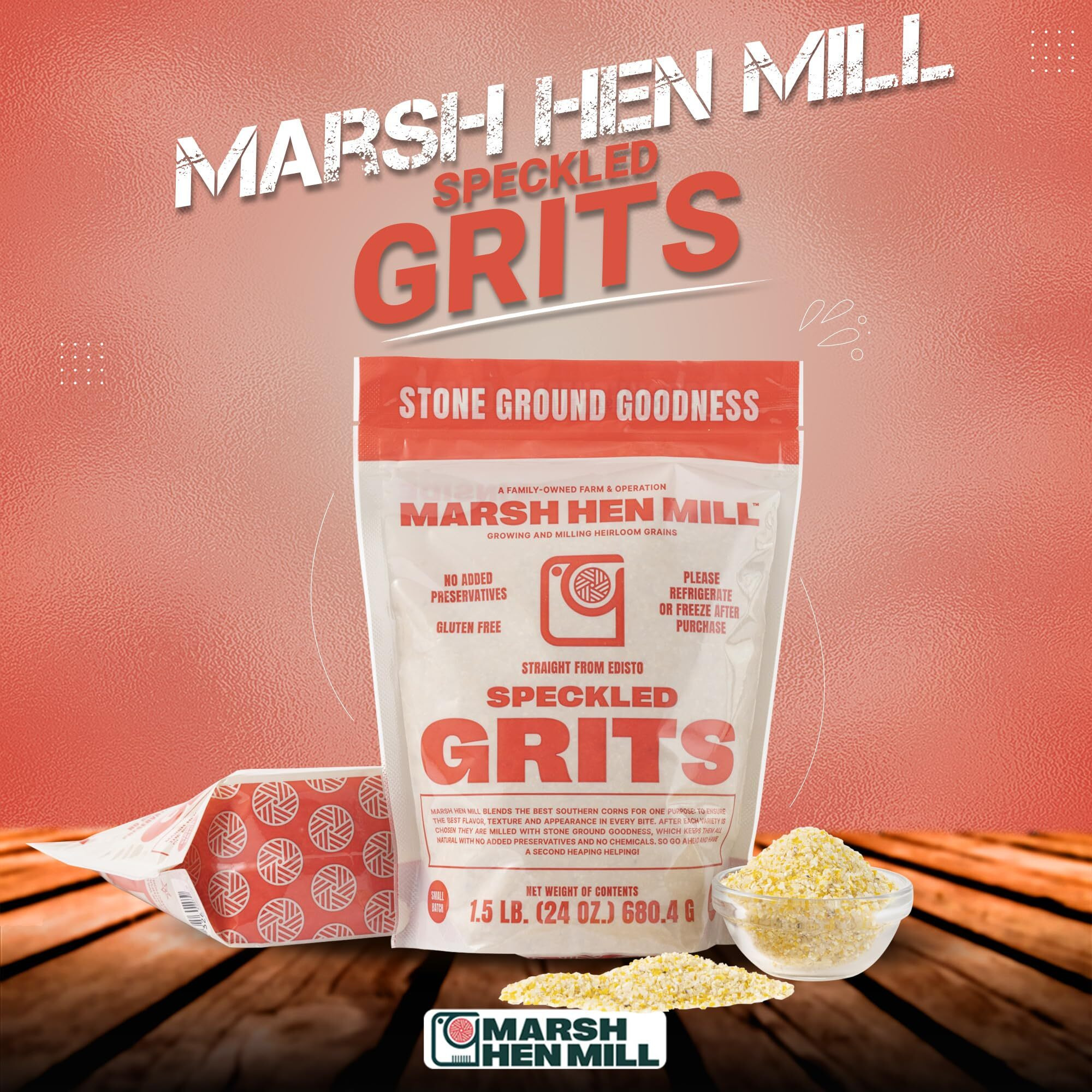 Marsh Hen Mill Speckled Pure Grits - Heirloom Blend Of Yellow And White Corn Stone Ground Grits | Creamy Old Fashioned Goodness | Gluten-Free | No Additives, Pure All Natural Corn | 24 Oz Pack