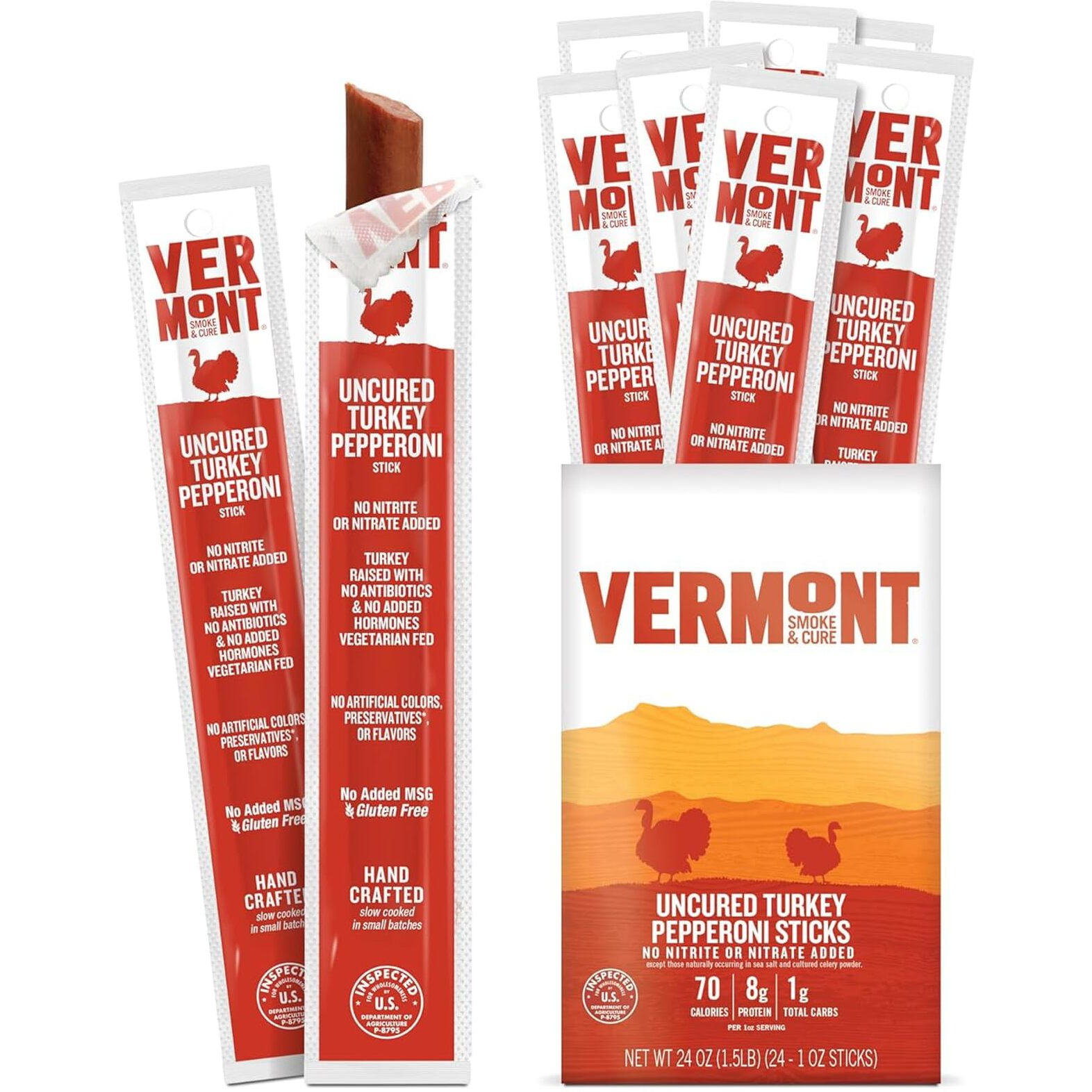 Snack Sticks By Vermont Smoke & Cure - Uncured Pepperoni - Turkey - Healthy Meat Protein - 1Oz Jerky Sticks - 24 Count Carton
