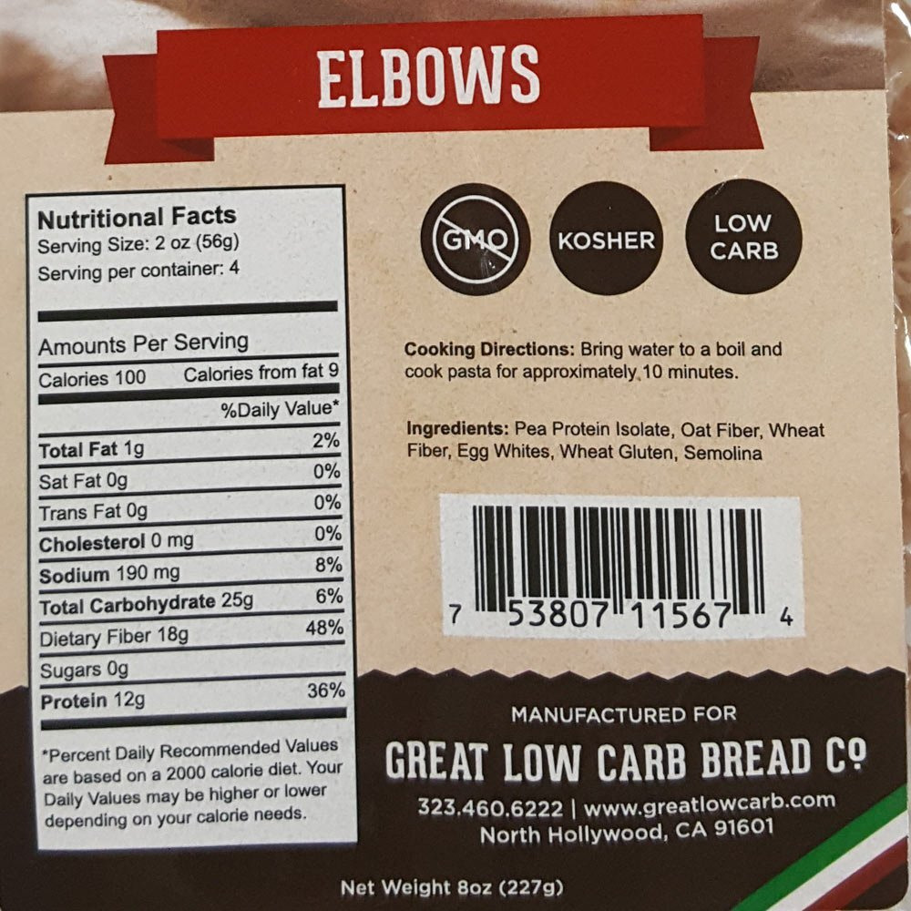 Low Carb Pasta, Great Low Carb Bread Company, 8 Oz. (Elbows) (Original Version) (Original Version)