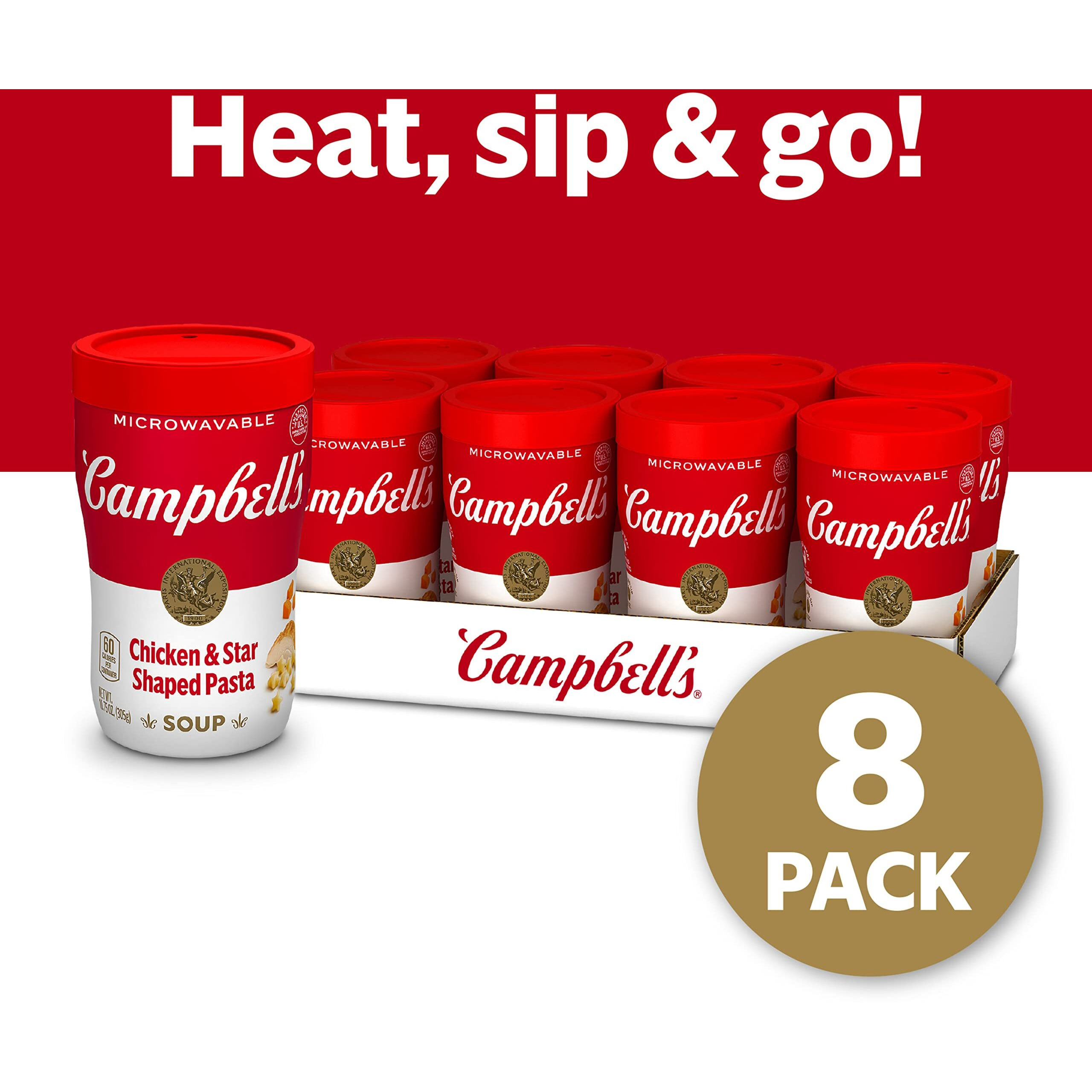 Campbell's Sipping Soup, Chicken Soup & Star Shaped Pasta, 10.75 Oz Microwavable Cup (Case Of 8)