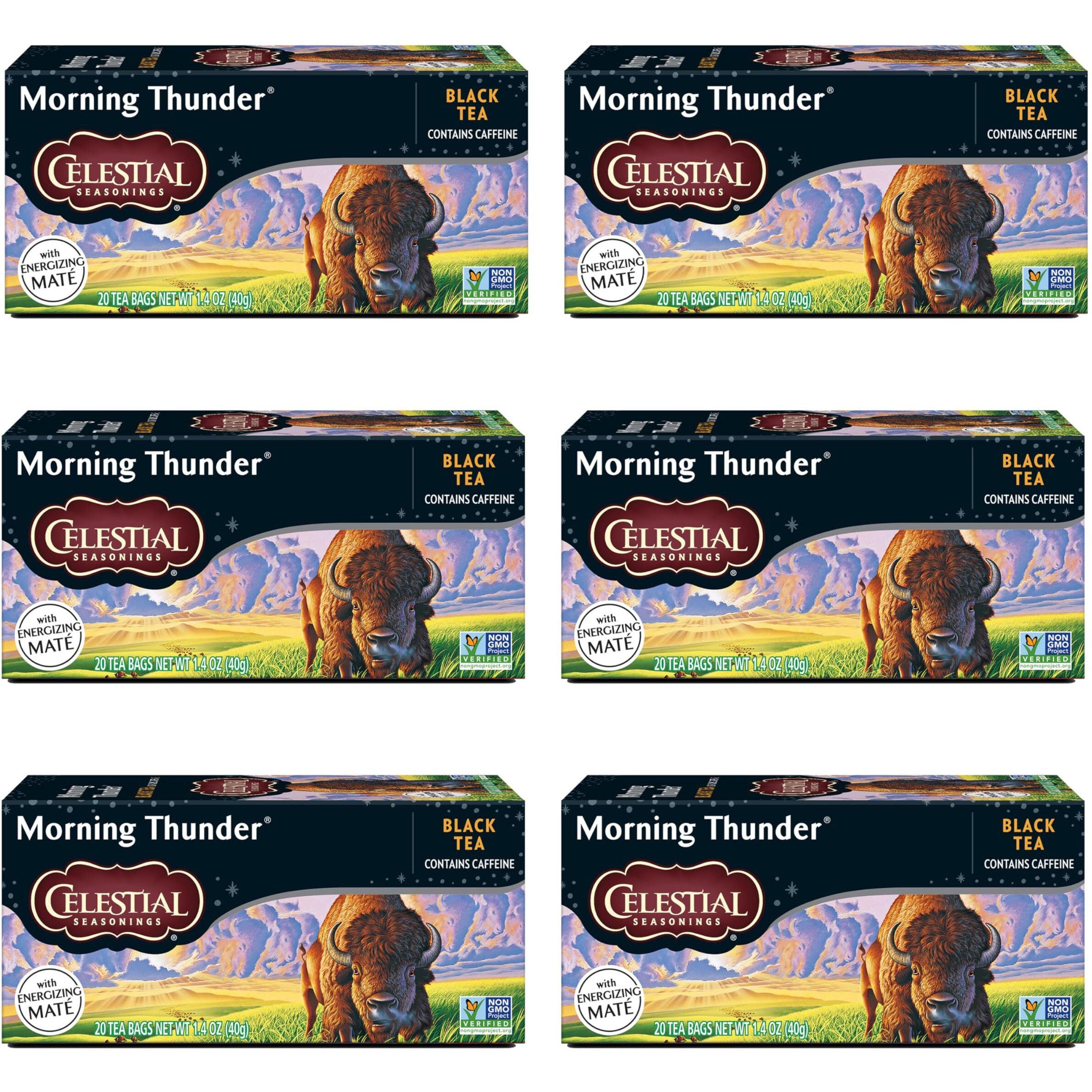Celestial Seasonings Morning Thunder Black Tea, Caffeinated, 20 Tea Bags Box, (Pack Of 6)